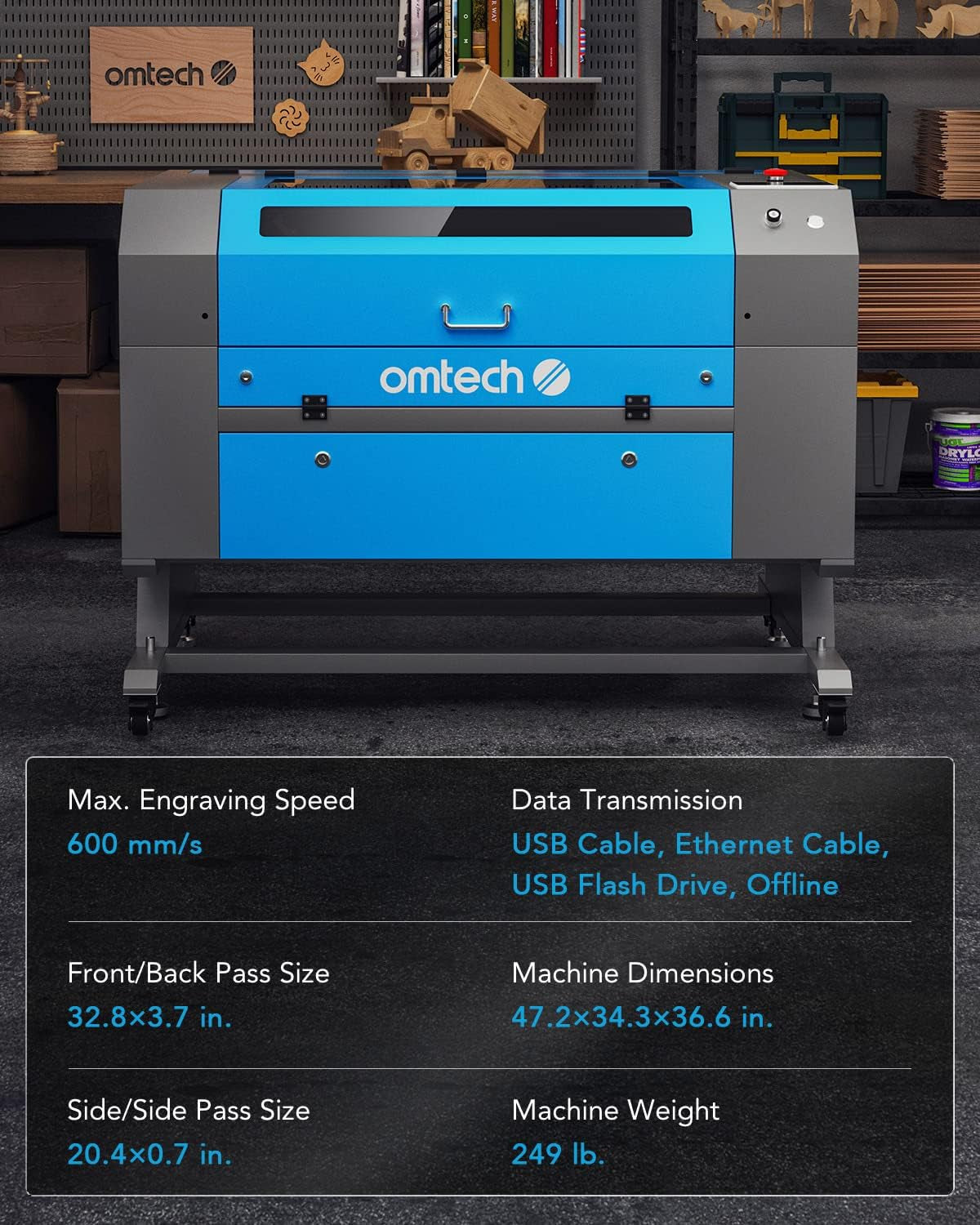 Omtech 60W CO2 Laser Engraver with Lightburn & Water Chiller, 20"X28" Laser Engraving Cutting Machine with Autofocus Autolift 4 Way Pass Air Assist, Commercial Laser Cutter for Wood Glass Acrylic More