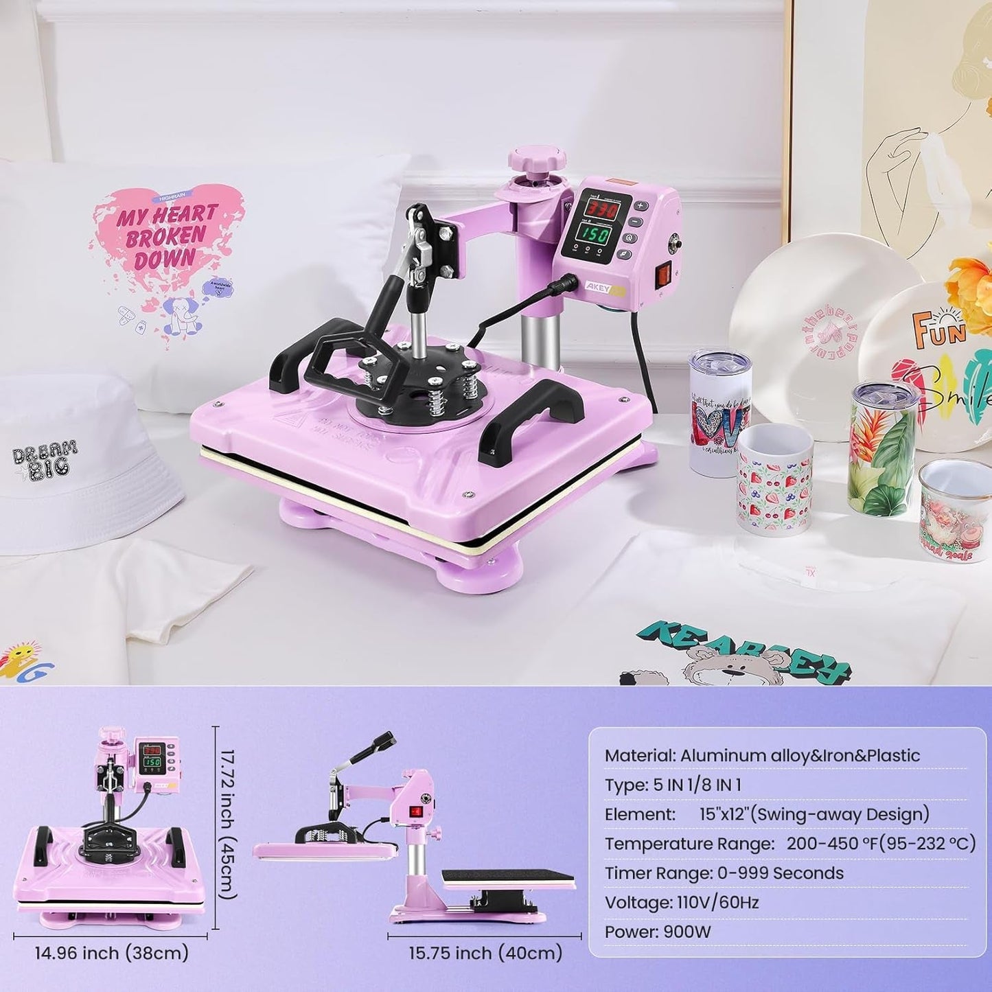 WHUBEFY Heat Press, 5 in 1 Tshirt Press Machine 15"X12" 360° Swing Away Digital Industrial Heat Transfer Machine, Multifunctional Sublimation Heat Press Machine for T Shirts/Mug/Cap/Plate/Diy