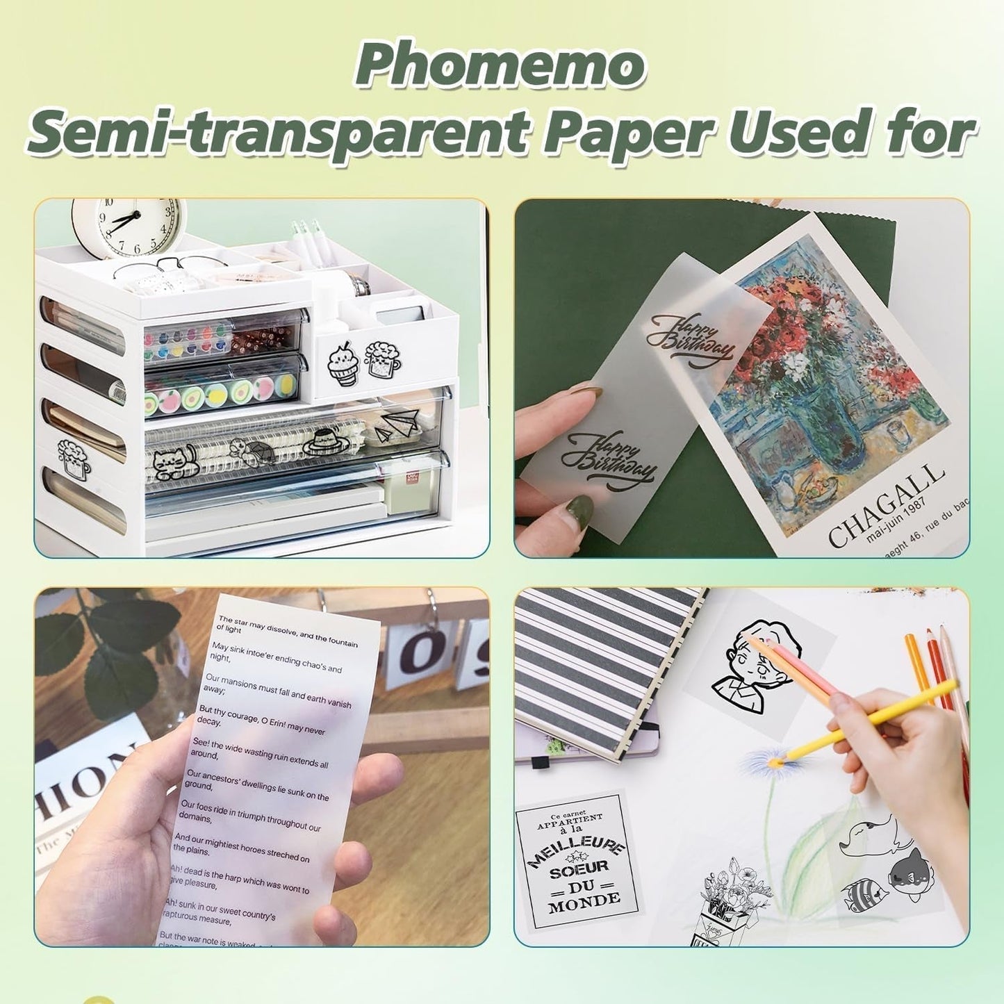 Phomemo Decoration Labels, Green/Blue/Rose on Clear for Phomemo M02/M02 Pro/M02S/M03/M03As/M04S Mini Bluetooth Thermal Receipt Printer
