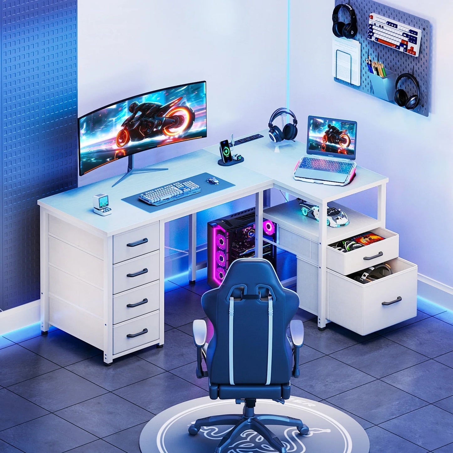 55 Inch Computer Desk with 5 Drawers and File Cabinet for Storage, Office Desk with Storage Shelf & Power Outlets, Home Office Desks, White