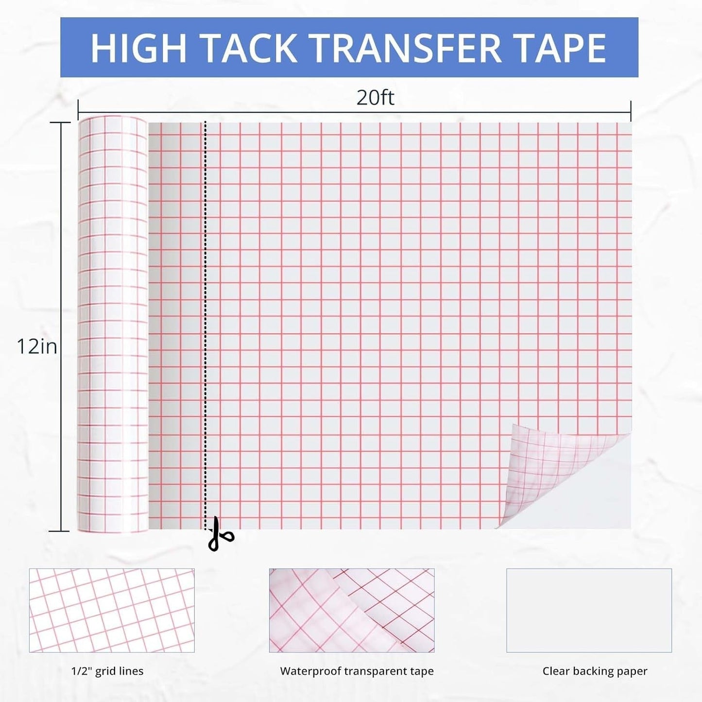 Transfer Tape for Vinyl - 12" X 20 FT Red Alignment Grid Clear Transfer Paper for Vinyl for Self Adhesive Vinyl - High Tack Transfer Tape for Signs Stickers Decals Walls Doors