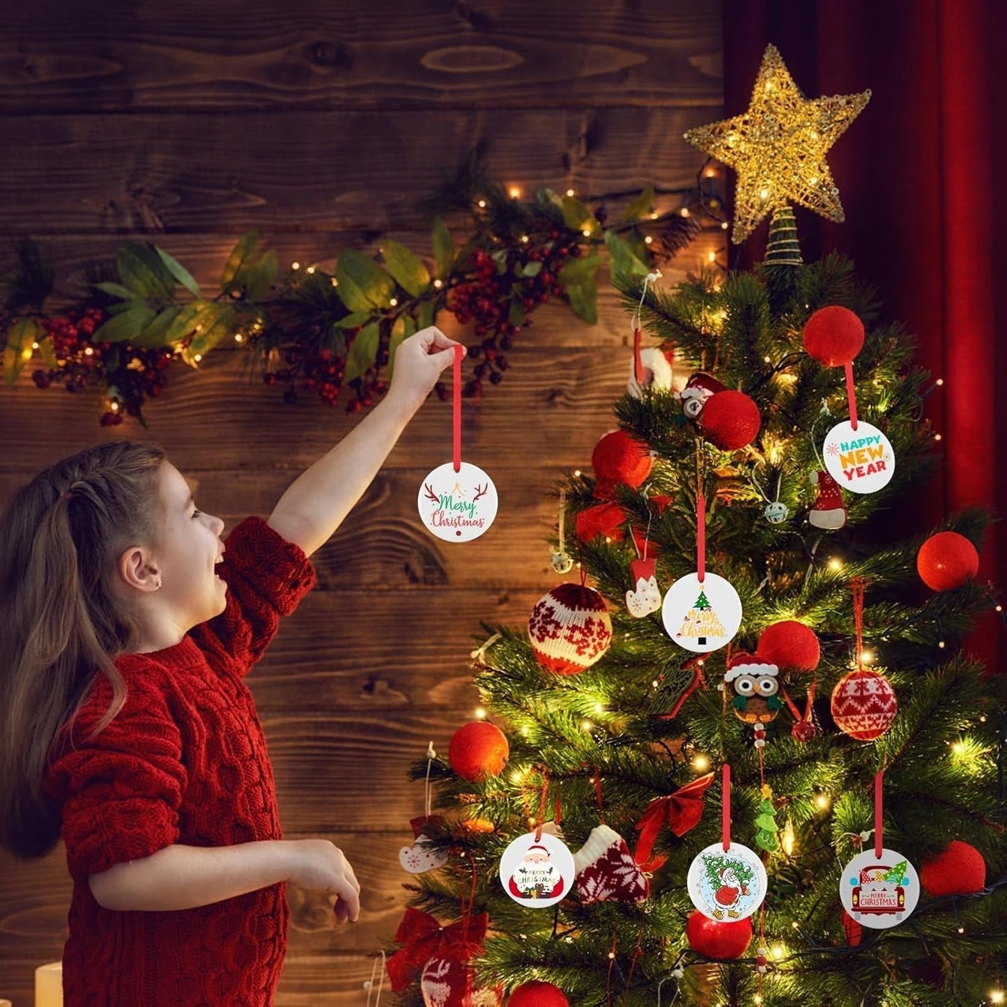 Sublimation Ornament Blanks 24PCS - Sublimation Christmas Ornament Blanks Ceramic Decorations - Baby Shower Decorations Sublimation Ceramic Ornaments Blanks with Red Strings (2.87In)
