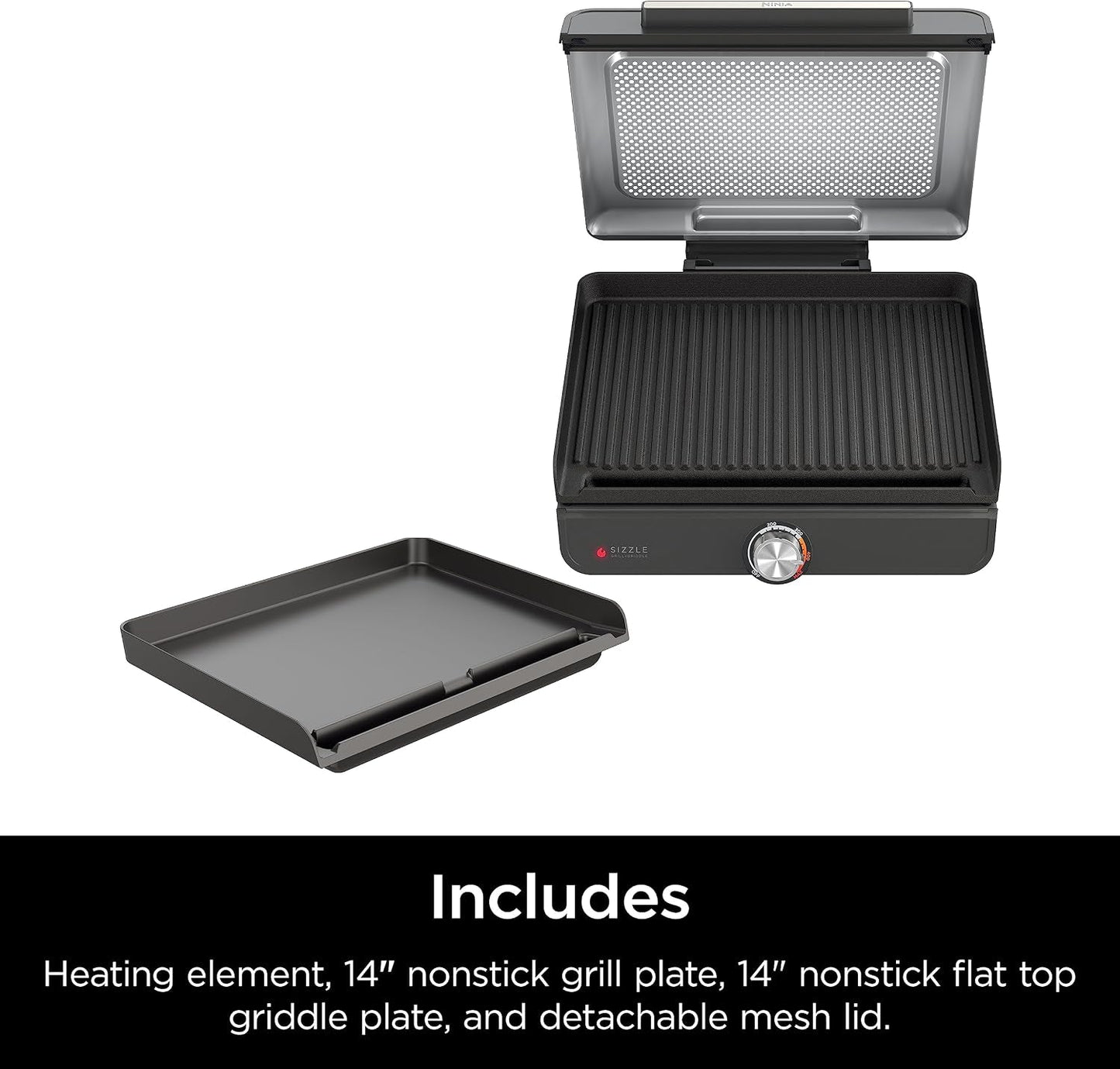 Ninja® Sizzle™ Indoor Grill & Griddle, 14'', 500°F, Grey/Silver, GR101 | Interchangeable Nonstick Grill & Griddle Plate, Dishwasher-Safe Lid, 500°F Edge-To-Edge Heat for Perfect Char-Grilled Marks.