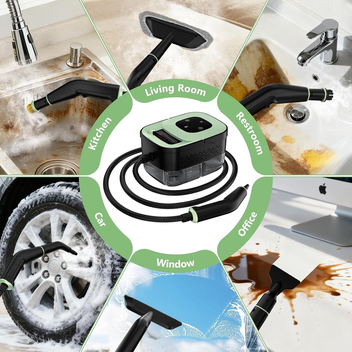 Steam Cleaner, Portable Steamer for Cleaning with 16Pcs Accessories, 6-Level Adjustable and 15S Heat-Up, Handheld Steam Cleaner for Home, Tile, Dirt, Grout, Grease, Car Detailing