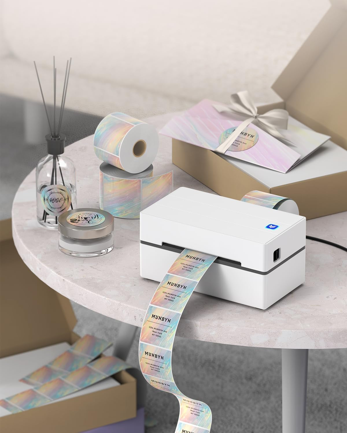 MUNBYN 2 Inch round Shell Texture Thermal Labels, Waterproof Circle Stickers for Small Business, 500 Labels/Roll (Colorful)