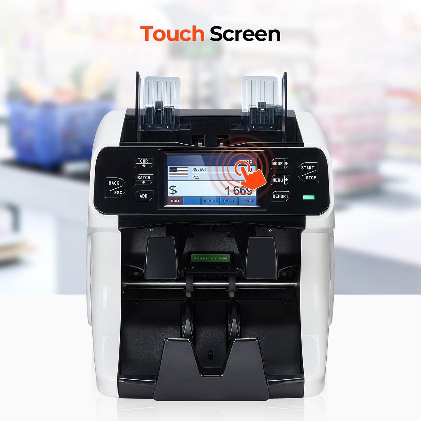 MUNBYN IMC40 2-Pocket Money Counter Machine Mixed Denomination and Sorter, Built-In Printer, Sort on DENOM/FACE/ORI, Value Counting, Counterfeit Detection 2 CIS/UV/MG/IR, Touch Screen, 2Y Protection