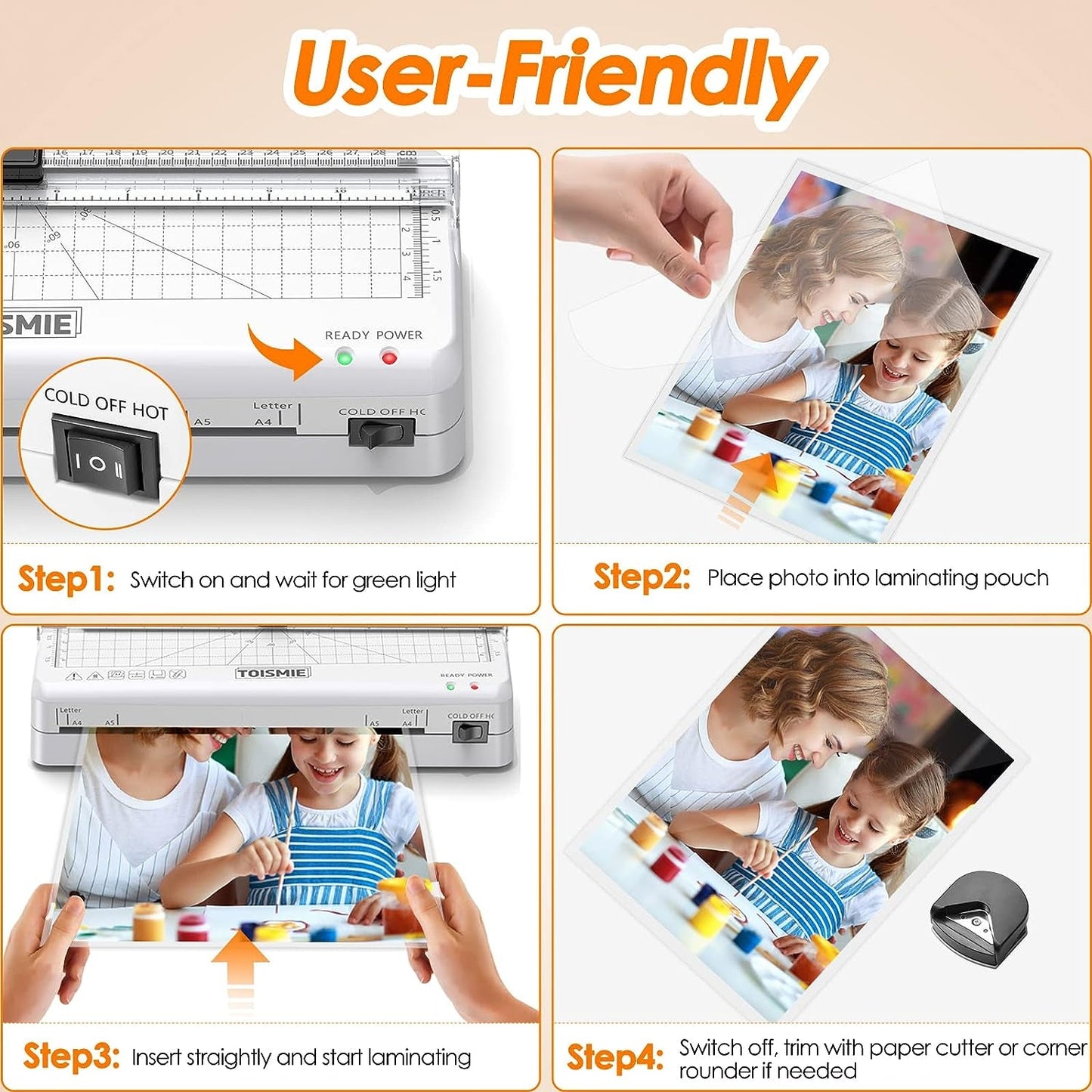 Laminator Machine, 4 in 1 Thermal & Cold Laminator with Laminating Sheets, A4 Poartable Office Presentation Laminators for Business or Personal Use, Quick Warm-Up and Jam-Free, White