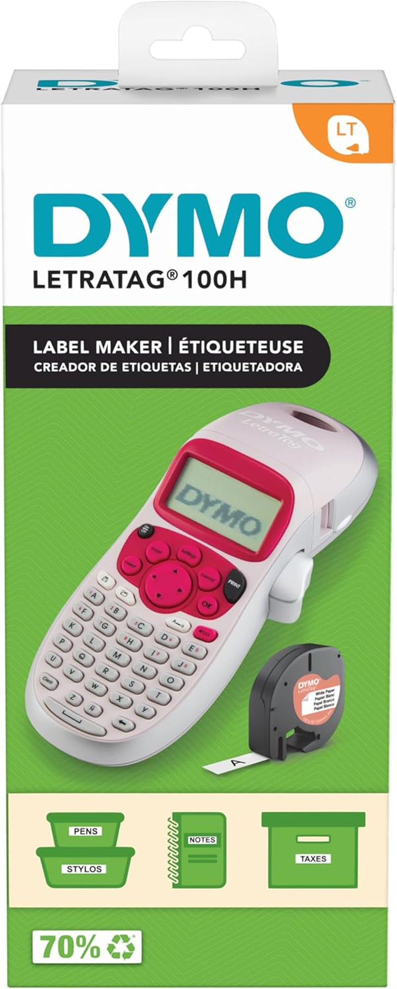 DYMO Letratag LT-100H Handheld Aesthetic Label Maker, ABC Keyboard Label Printer with Easy-To-Use, 13 Character LCD Screen, Great for Home & Office Organization, Pink