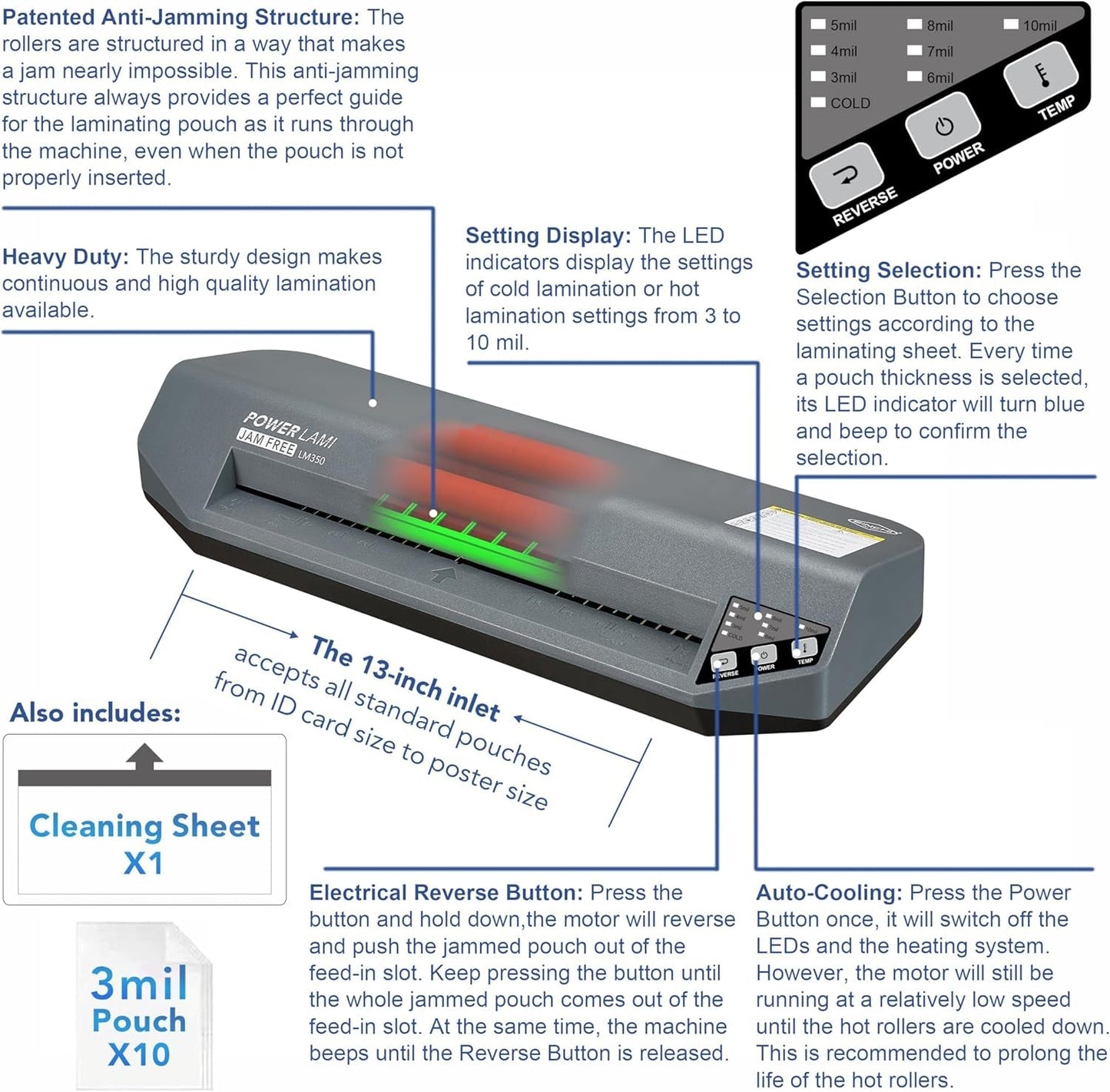 SINCHI 13" Commercial Laminator | 3–10 Mil, 4-Roller, 48S Warm-Up, 17S/Sheet, Heavy Duty No-Jam Design, Works with Cardstock & Dark Prints, Includes 10 Sheets, Ideal for Office, School & Business