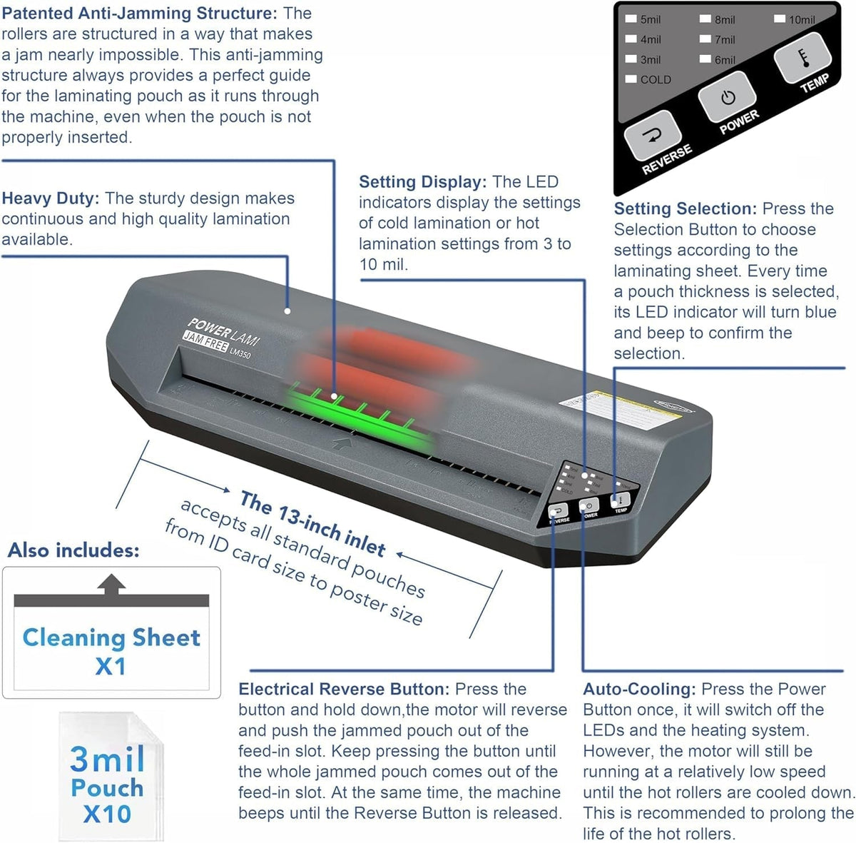 SINCHI 13" Commercial Laminator | 3–10 Mil, 4-Roller, 48S Warm-Up, 17S/Sheet, Heavy Duty No-Jam Design, Works with Cardstock & Dark Prints, Includes 10 Sheets, Ideal for Office, School & Business