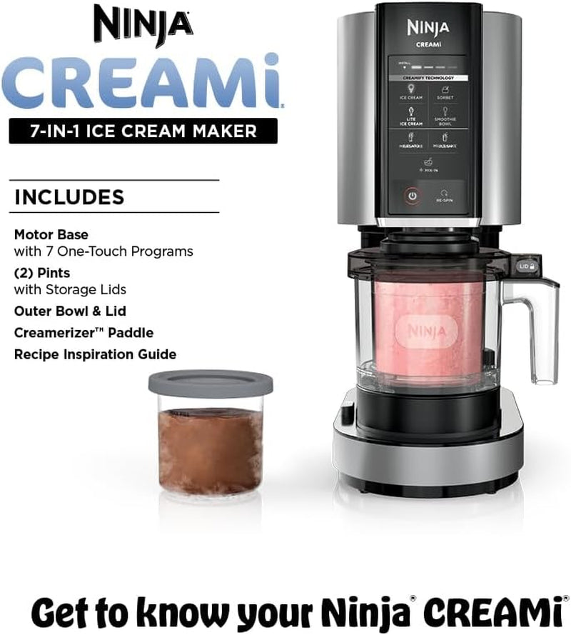 Ninja NC301 Creami Ice Cream Maker, for Gelato, Mix-Ins, Milkshakes, Sorbet, Smoothie Bowls & More, 7 One-Touch Programs, with (2) Pint Containers & Lids, Compact Size, Perfect for Kids, Silver