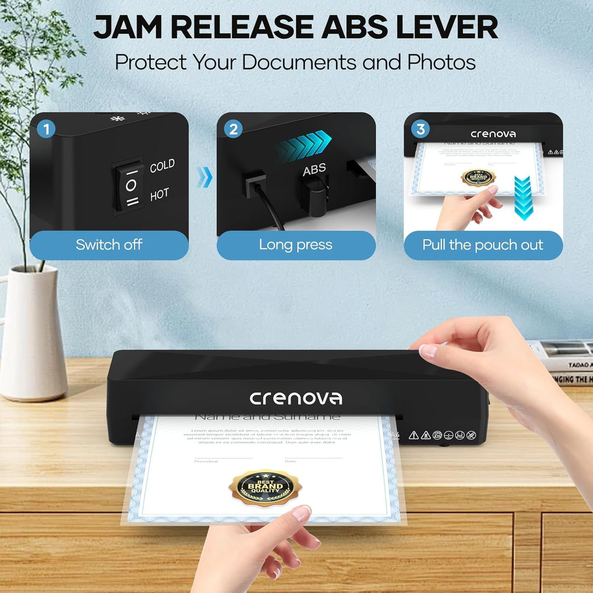 Crenova Laminator Machine with 10 Laminating Sheets, A4 Laminating Machine | Hot & Cold with Fast Warm Technology, Thermal Laminator 9 Inch for Home Office School Business Black
