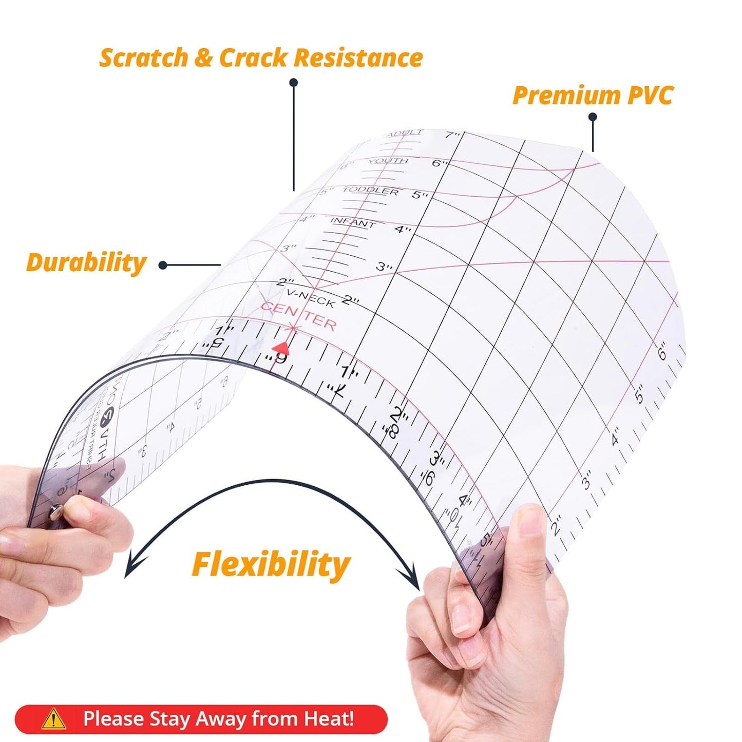 Tshirt Ruler Guide for Vinyl Alignment - Transparent PVC Tshirt Measurement Tool for Heat Press in HTV Vinyl, All-In-One T Shirt Ruler to Center Design and Craft Sewing