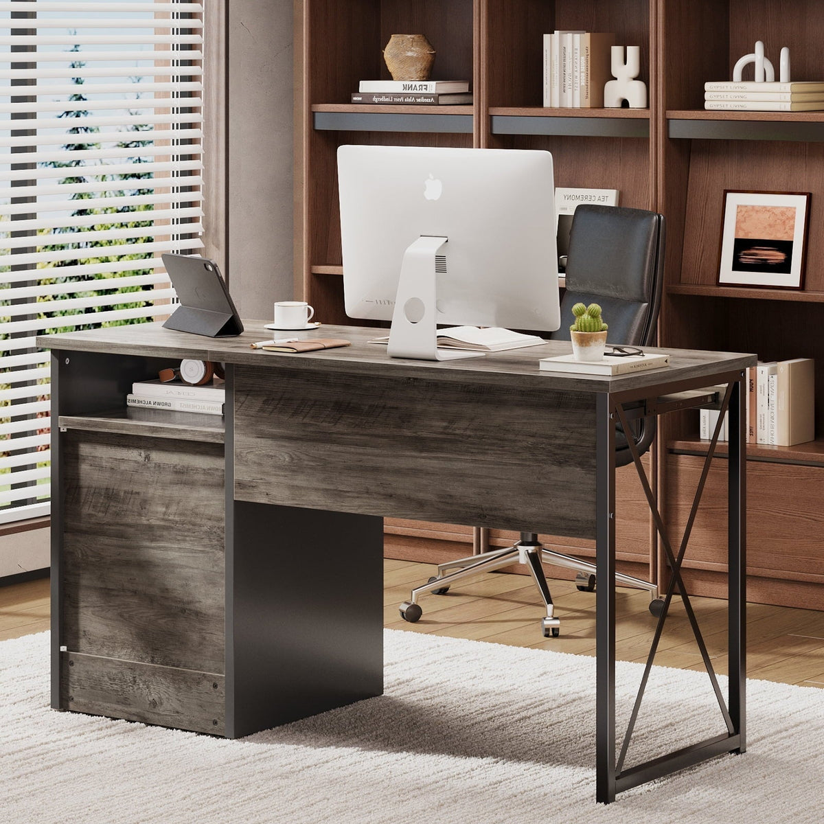 Home Office Desk 47" Computer Desk Small PC Table with Keyboard Tray and Storage Cabinet,Wash Gray