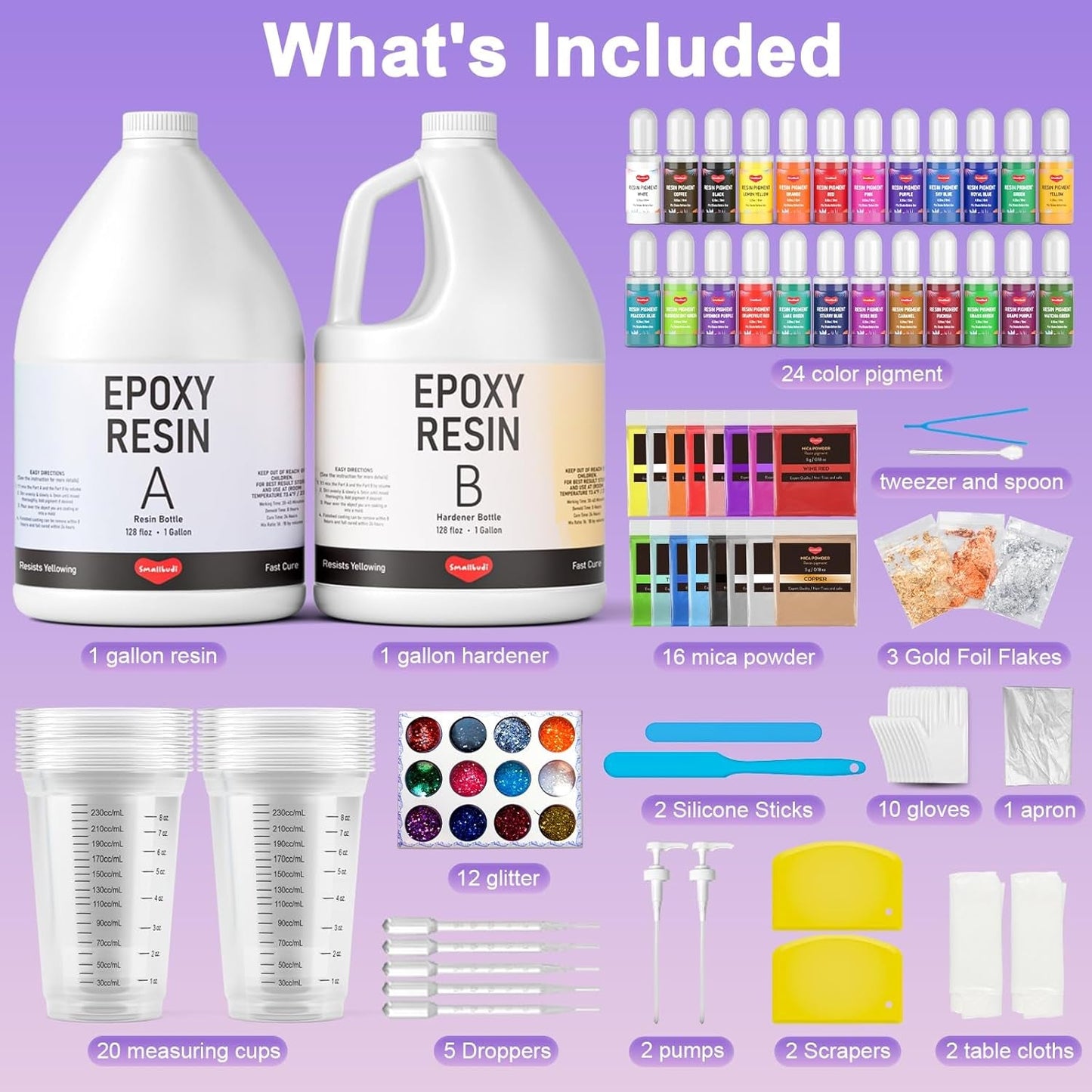 Smallbudi 2 Gallon Epoxy Resin Kit with Pump, Resin Pigment, Mica Powder, Gold Foil, Cups & Stick, Crystal Clear Resin Beginner Supplies for Coating Casting Table,Molds,Jewelry Making, DIY Art Craft
