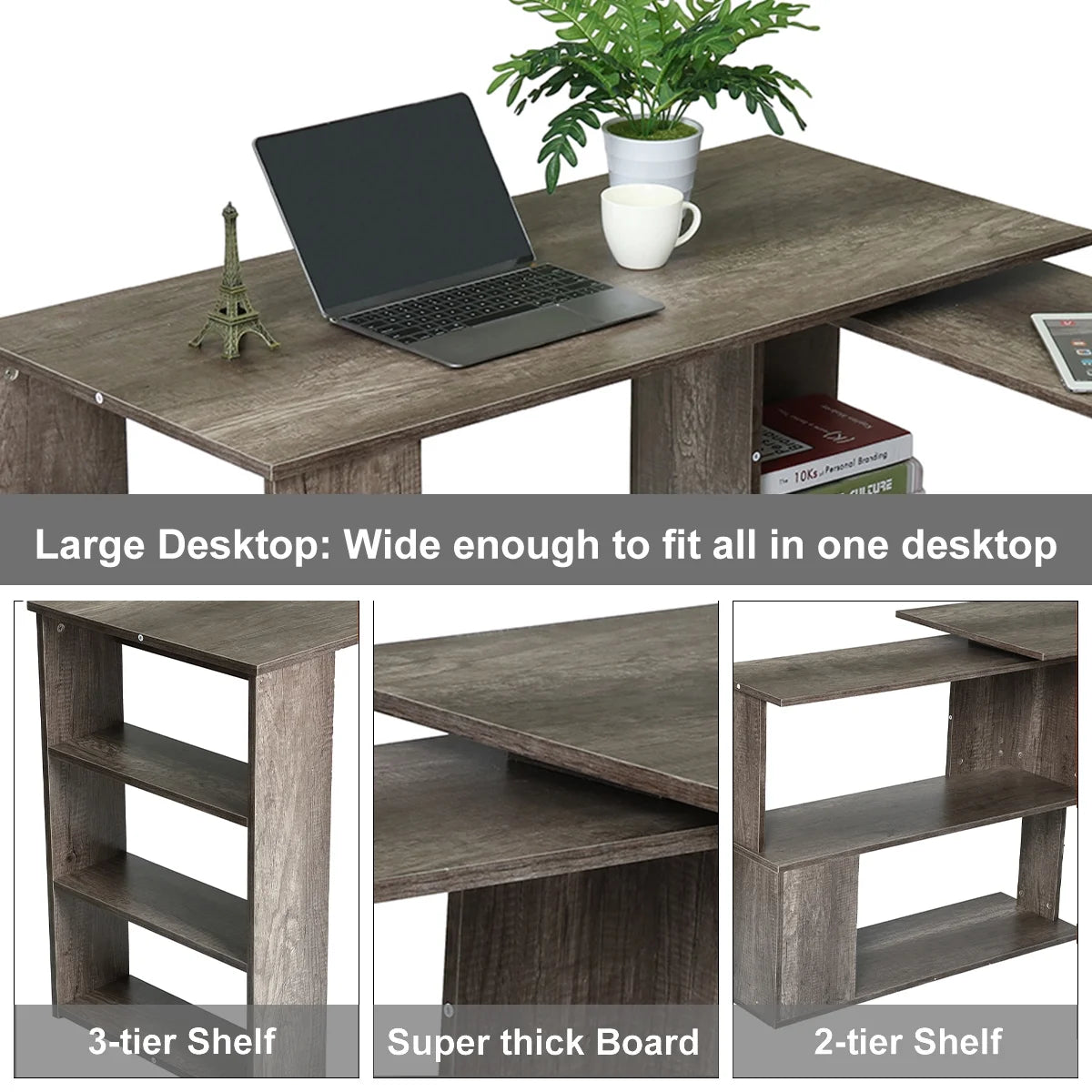 360° Rotating Computer Desk with Storage Large Office Desk with Open Bookshelves Corner Desk with File Cabinet Writing Desk Workstation for Home Office