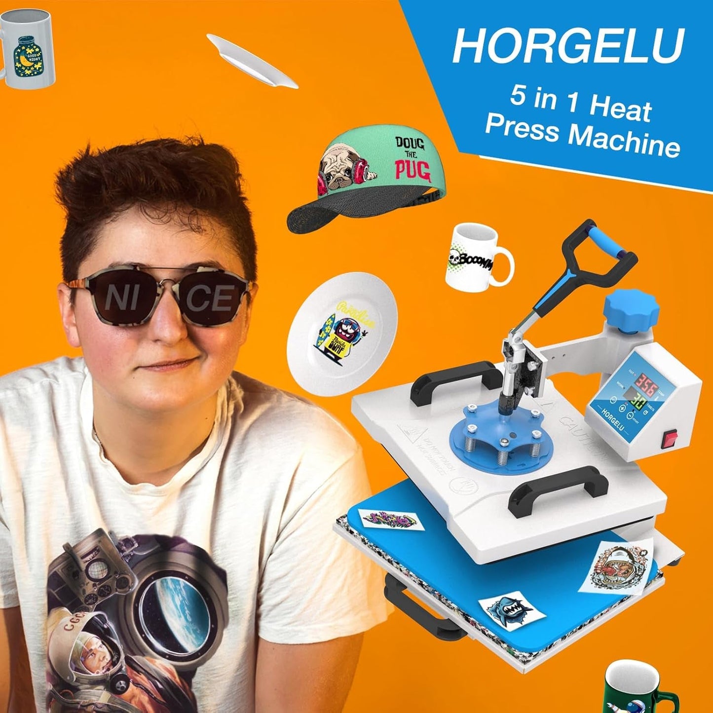 HORGELU 5 in 1 Heat Press Machine 12X15 Inch Heat Transfer Machine 360-Degree Swing Away Multifunction Digital Sublimation Combo Heat Press for T Shirt Mug Hat Plate for Commercial Home 110V