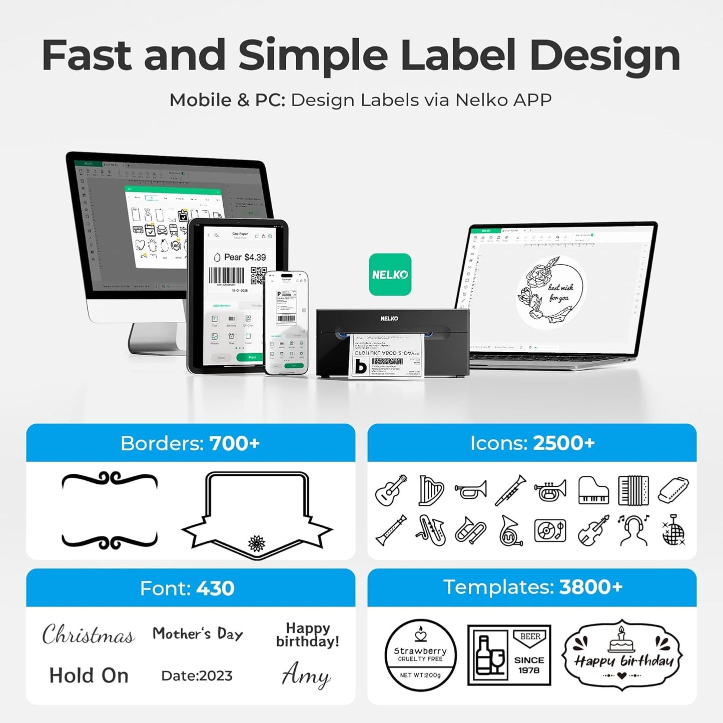 Nelko Bluetooth Thermal Shipping Label Printer, Wireless 4X6 Shipping Label Printer for Small Business, Support Android, Iphone and Windows, Widely Used for Amazon, Ebay, Shopify, Etsy, USPS