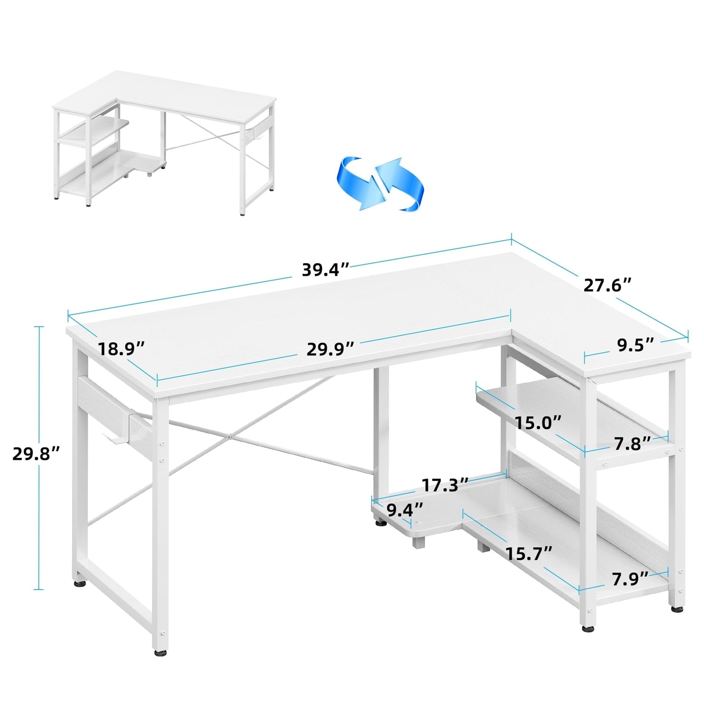 40 Inch L Shaped Computer Desk with 3 Storage Shelves, Small Reversible Corner Desk for Small Space with Hock, Home Office L-Shaped Desk, White