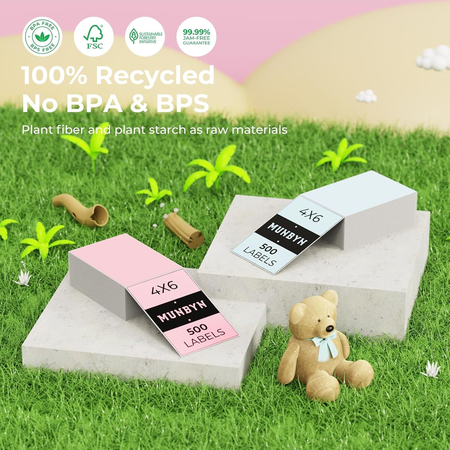 MUNBYN 4"X6" Pink Direct Thermal Shipping Labels, Commercial Grade Permanent Adhesive Fanfold Mailing Postage Label Paper for Thermal Printers and Packages, 500 Sheets per Stack