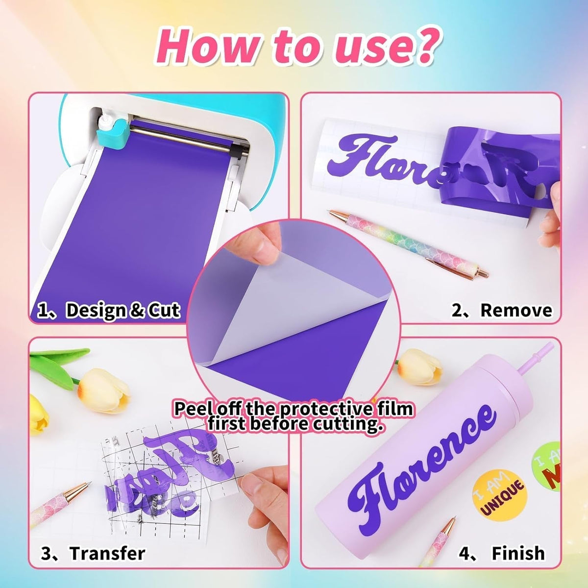 5.5"X12" Smart Adhesive Vinyl 25 Colors Holographic Chrome, Matte & Glossy Permanent Vinyl Bundle & 2 PCS Transfer Tape - No Need Cutting Mat- Compatible with Joy Machine for Handcrafts