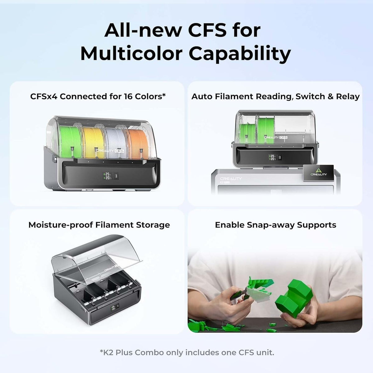 Creality K2 plus Combo 3D Printer, Multi Color Printing with New CFS, Max 600Mm/S Printing Speed, Full-Auto Leveling, Next-Gen Direct Drive Extruder, Dual Al Camera, Build Volume 350 * 350 * 350Mm