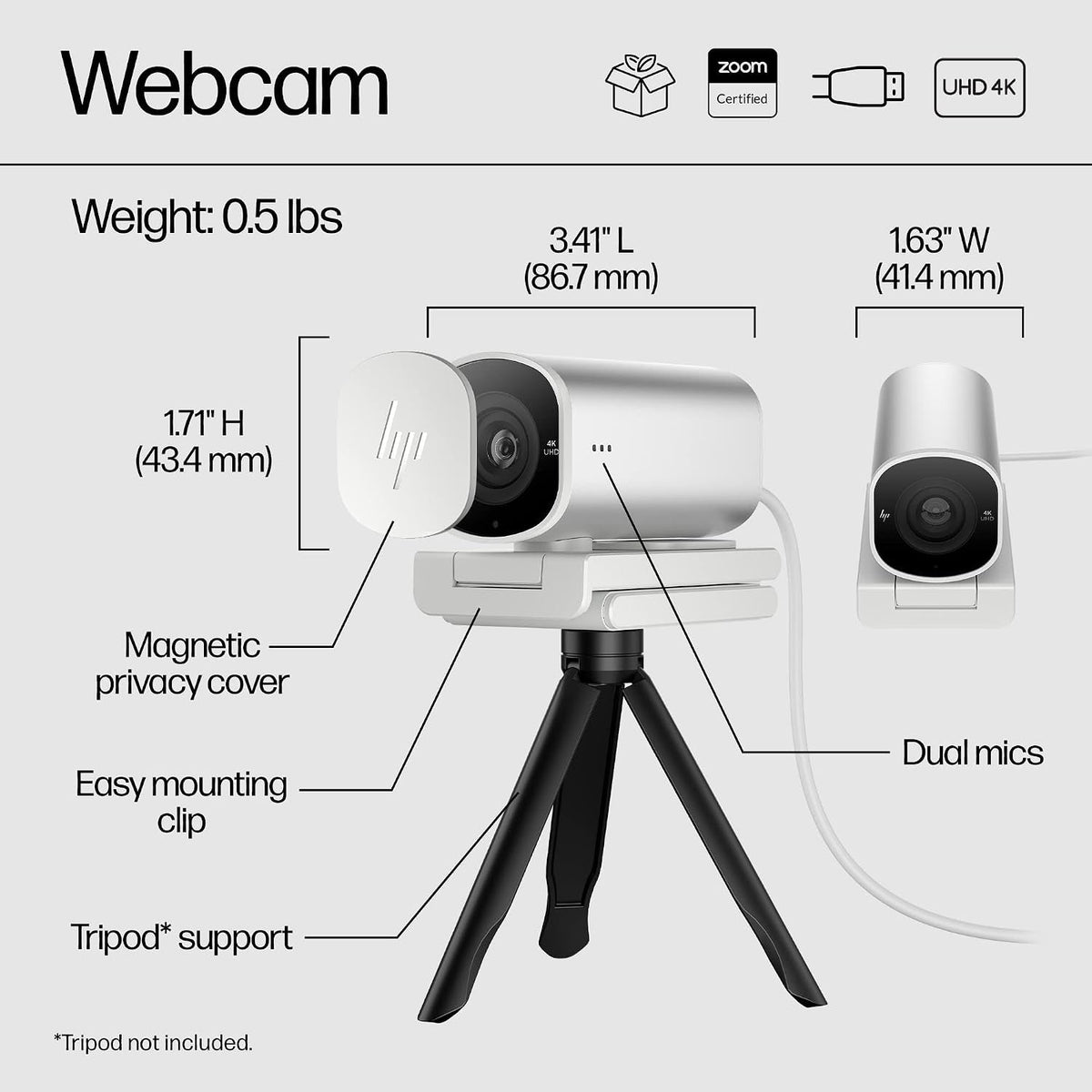 HP 960 4K Streaming Webcam - 4K 30 Fps/1080P 60 FPS Computer Camera & Dual Mics, Noise Reduction, & Privacy Cover - Zoom Certified - Swivel/Tilt Adjust - Color Correction, AF & Framing (695J6AA#ABL)