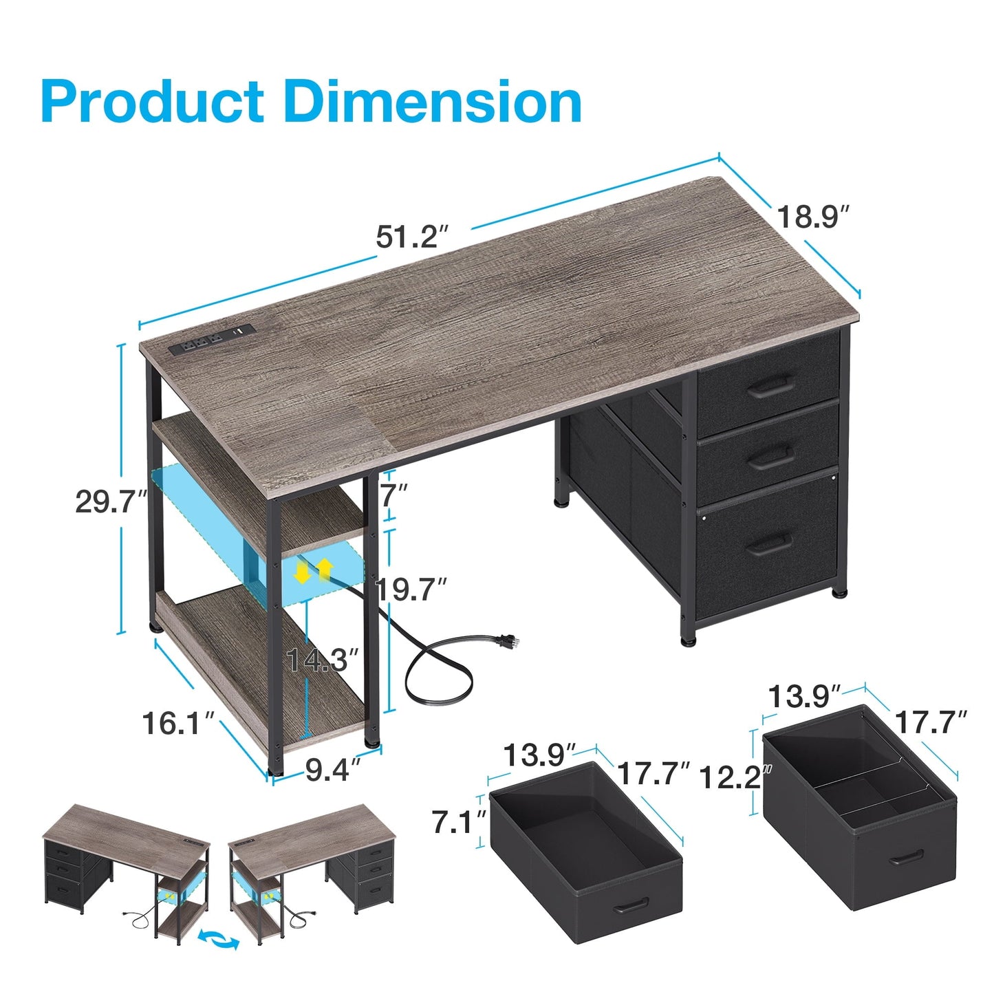 51 Inch Computer Desk with File Drawers & USB Power Outlets- Reversible Home Office Desk with Storage Shelves, Work from Home, Writing Table for Bedroom, Gray Oak
