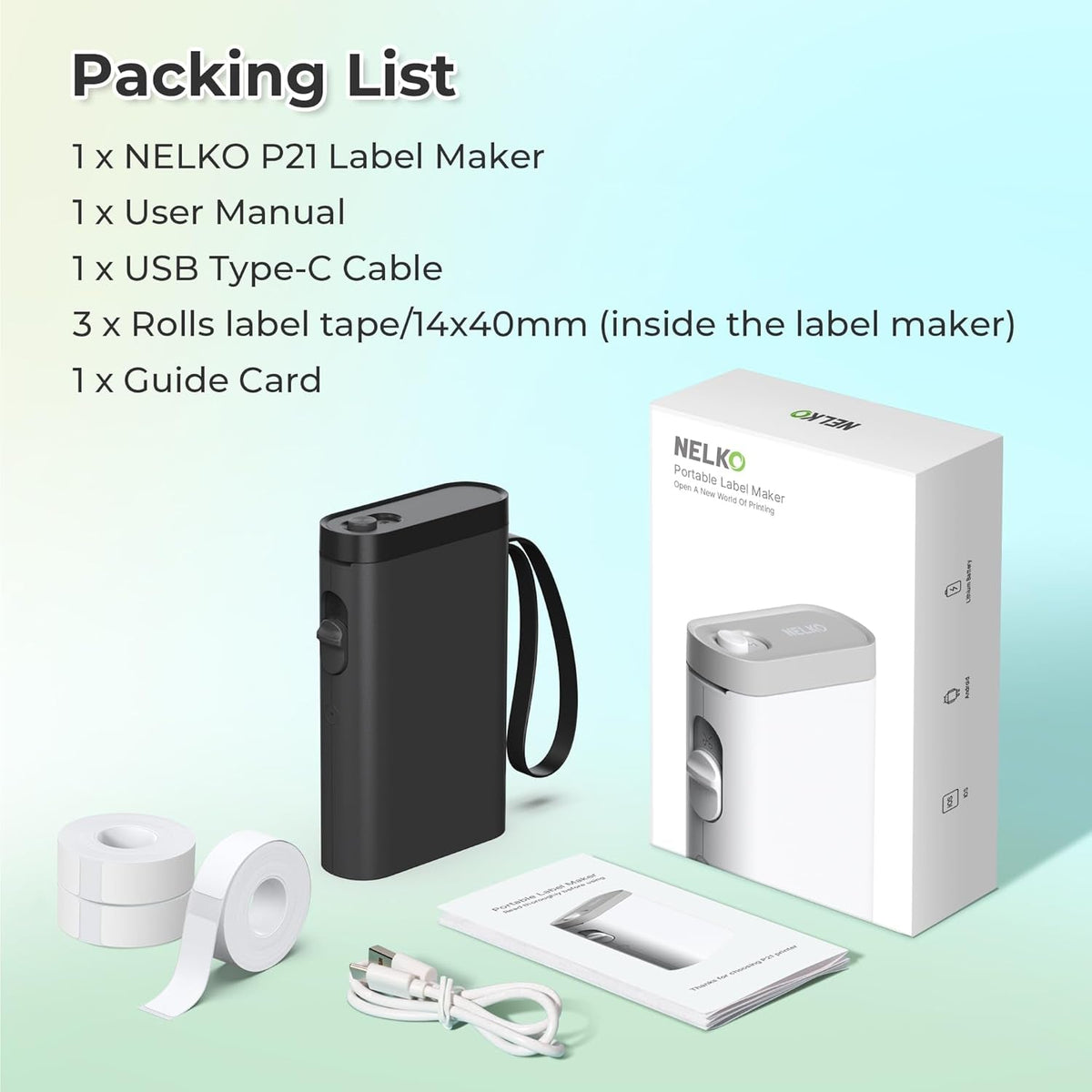 Nelko Label Maker Machine with Tape, P21 Bluetooth Label Printer with 3 Tapes, Wireless Mini Label Makers with Multiple Templates Icon Font Custom for School Office Home, Black