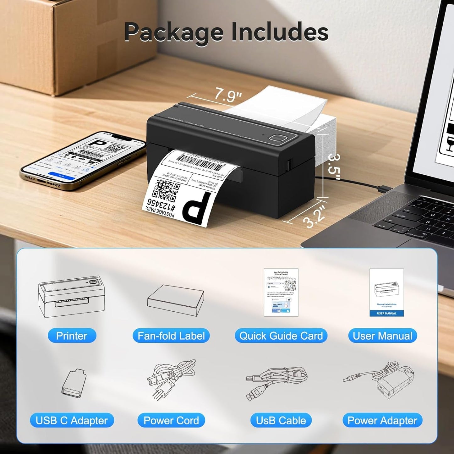 Bluetooth Thermal Label Printer, Wireless 4X6 Shipping Label Printer for Small Business & Shipping Packages, Support Iphone, Android, Windows, Macos, Work for Amazon, Ebay, Shopify, Etsy, USPS