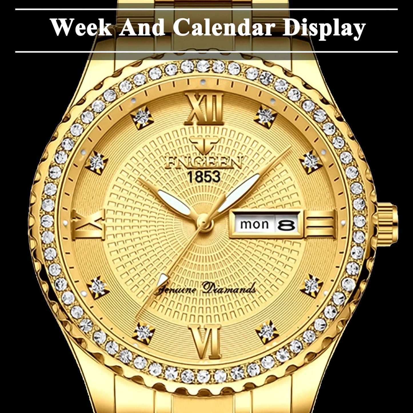 Classic Diamond Gold Watches for Men, Stainless Steel Waterproof Dress Watch, Men'S Quartz Analog Wristwatch