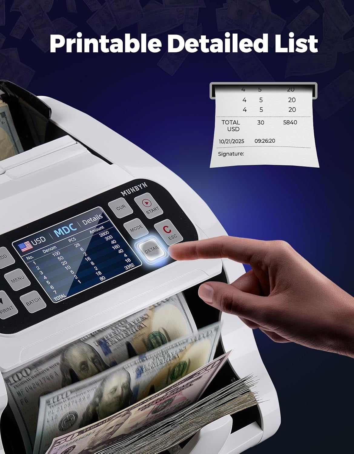 MUNBYN IMC22 Money Counter Machine Mixed Denomination, Dual-Display, CIS/UV/IR/MG Counterfeit Detection Bill Counter, USD, MXN, COP, CAD Cash Counter for Business, Merchant, 2Y Protect (White)