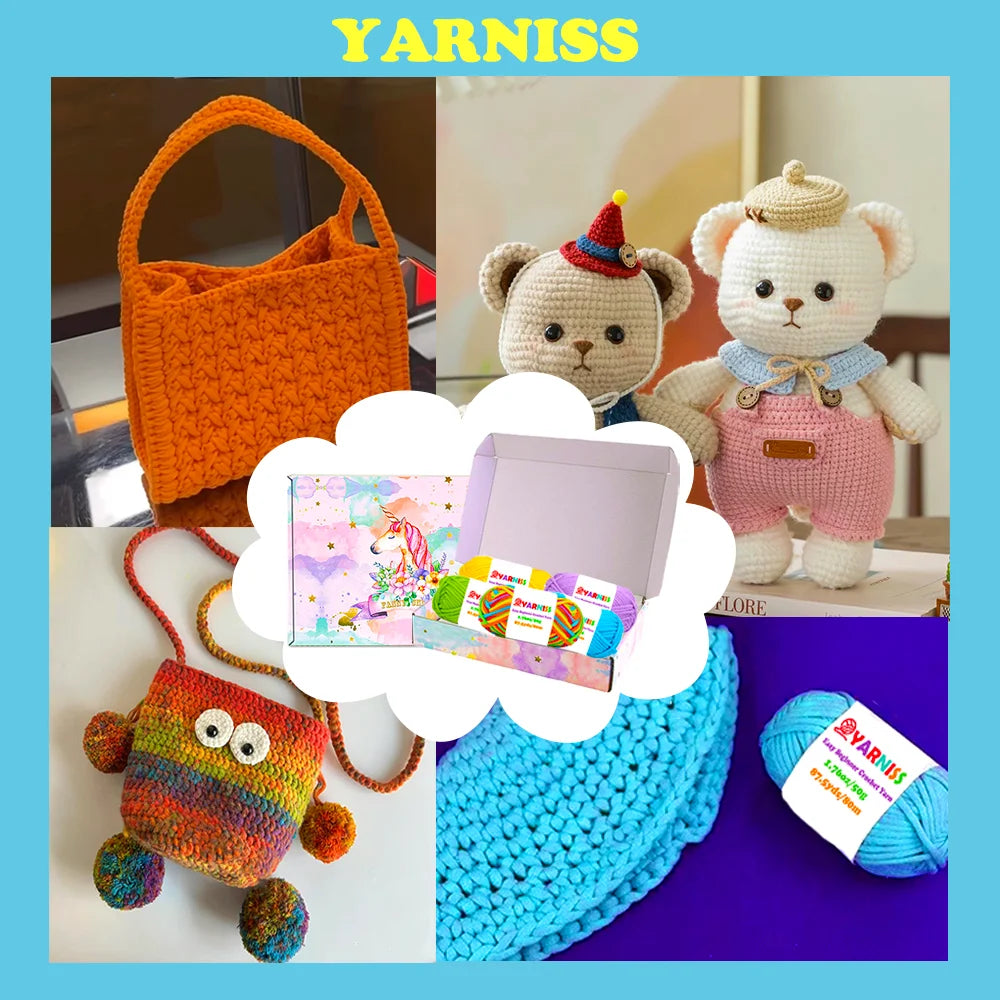 Yarniss 5 Pack Beginners Crochet Yarn,Crochet & Knitting Yarn for Beginners with Easy-To-See Stitches,Multicolor Cotton Nylon Yarn for Crochet
