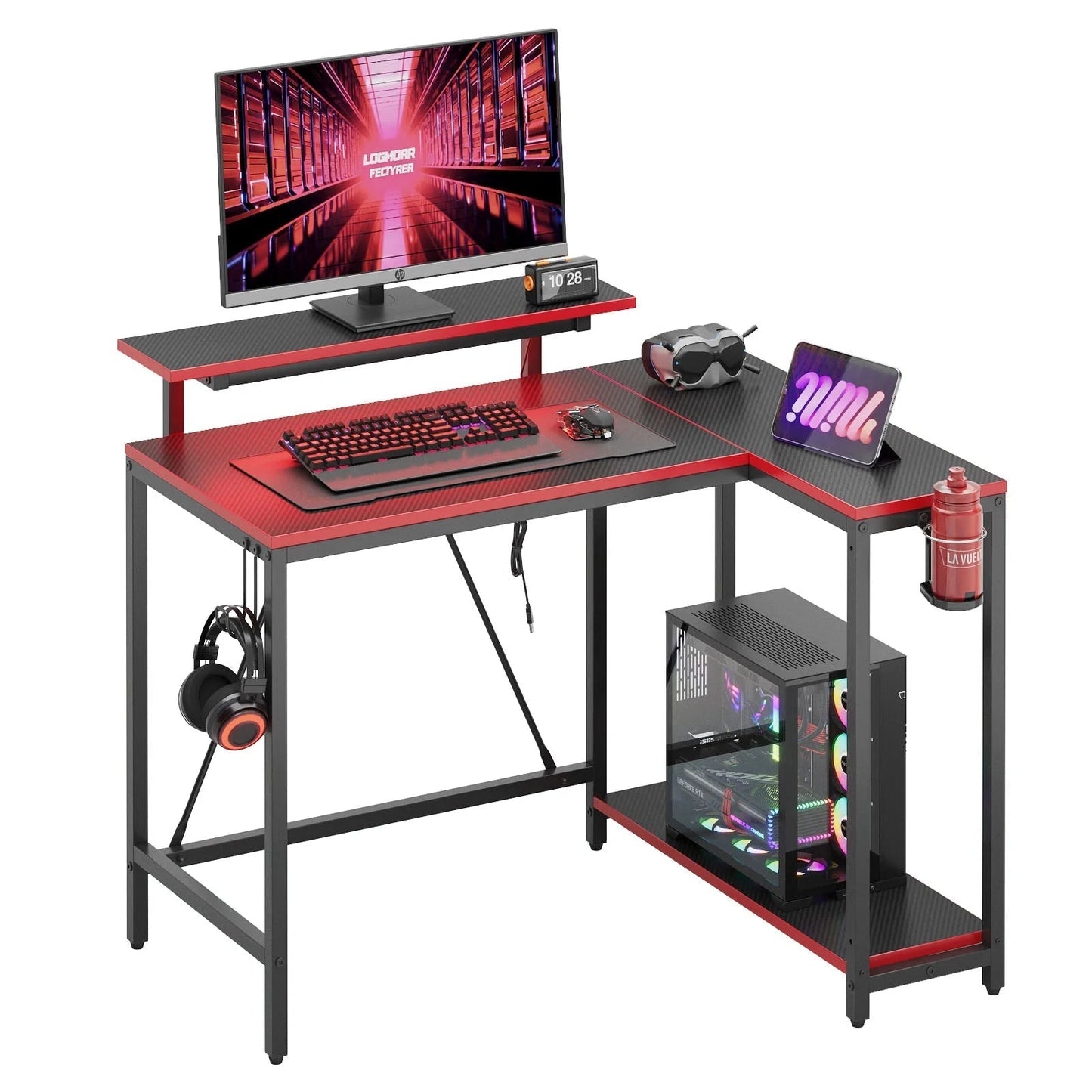 42" Reversible L-Shaped Gaming Desk with Monitor Stand, LED Lights& Headset Hooks, Home Office, Carbon Fiber Black