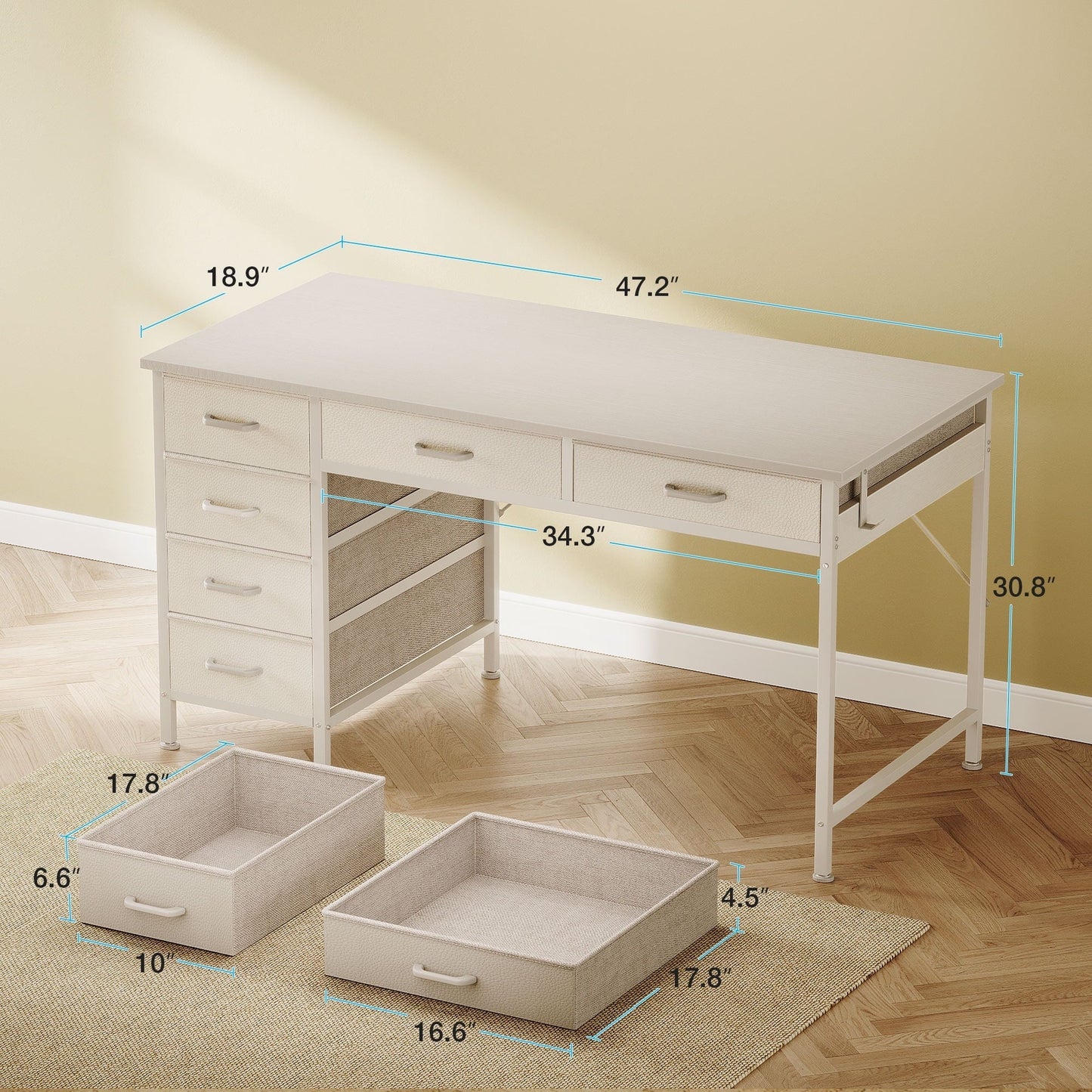 48" Home Office Desk with 6 Drawers, Modern Computer Desk with Small Space, Corner Computer Desk, Pure White
