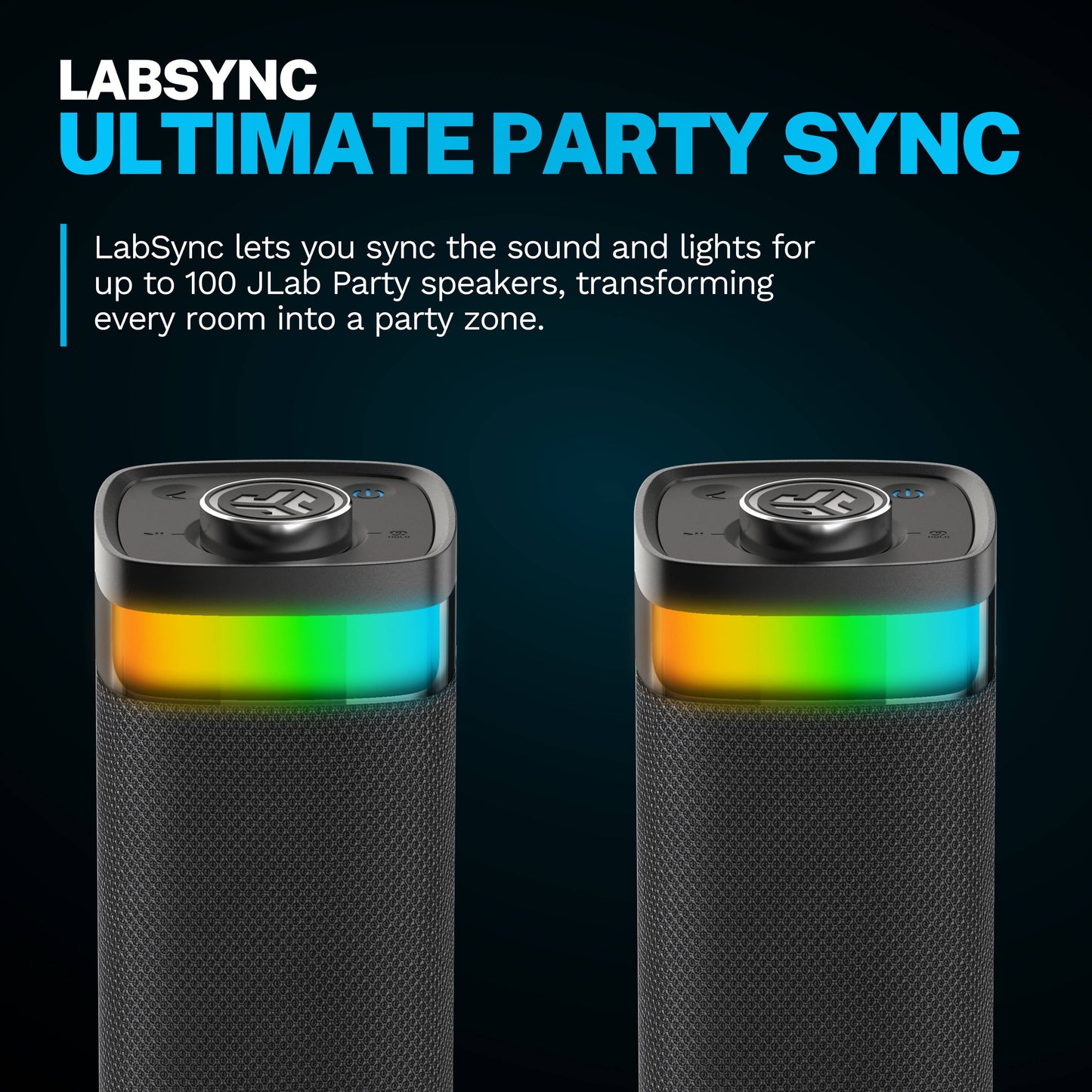 Jbuds Party β Portable Bluetooth Speaker with 30W Powerful Sound, 12+ Hour Playtime, RGB Lighting, Labsync Multi-Speaker Pairing, and Splashproof Design β Black