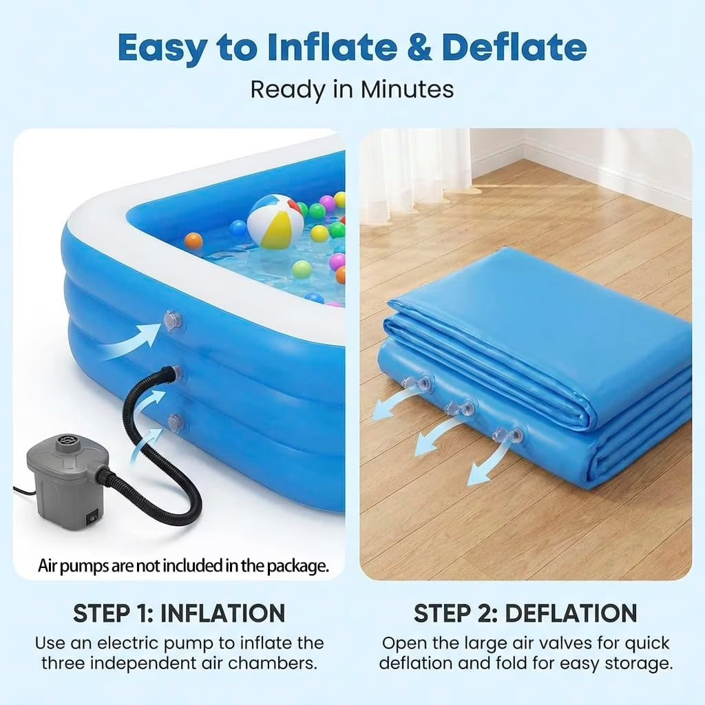 113'' Inflatable Swimming Pool, Large Kids Outdoor Pools with Wireless Pump, Blue