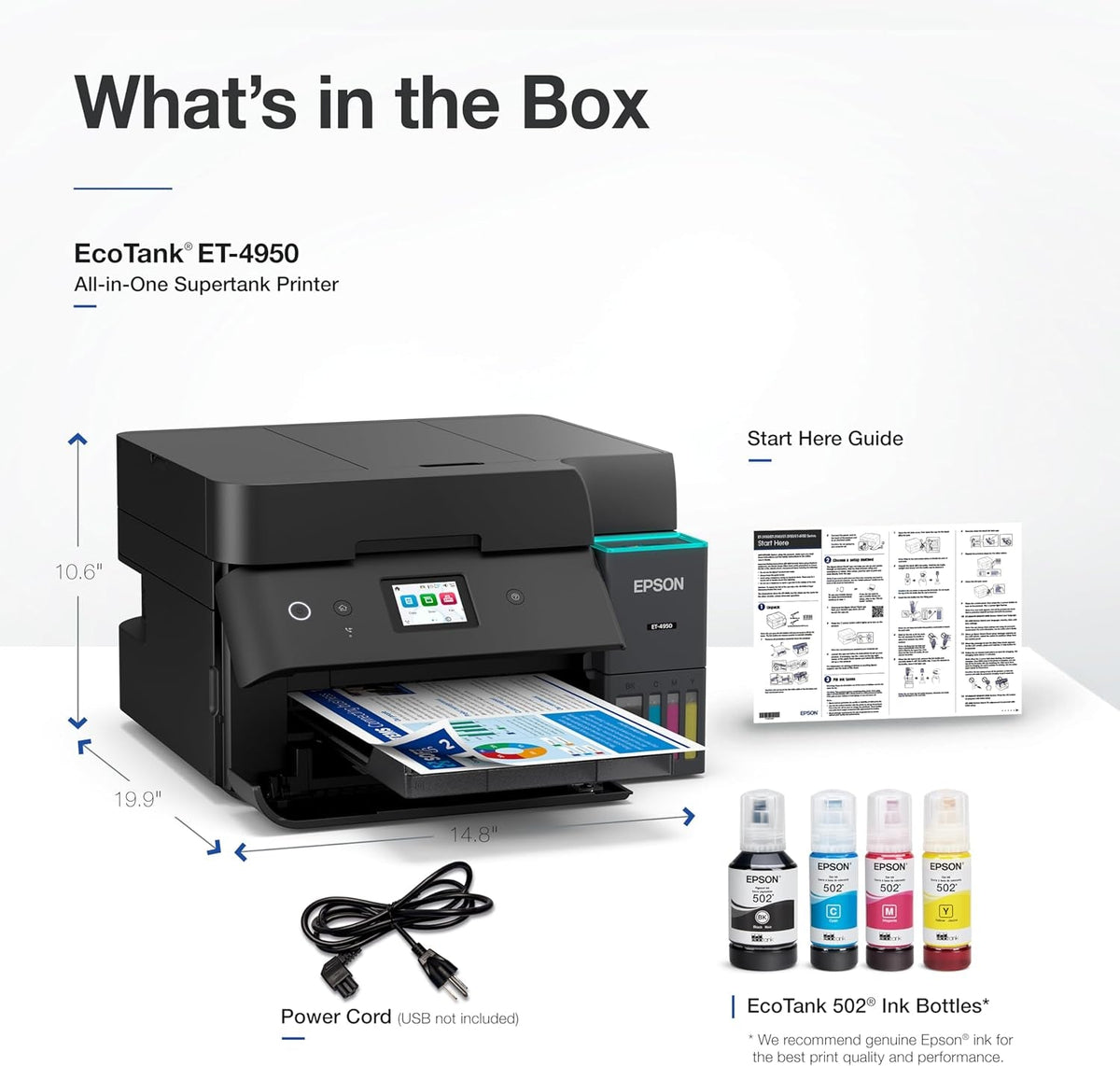 Epson Ecotank ET-4950 Wireless All-In-One Color Supertank Printer with up to 3 Years of Ink Refillable Tanks, Perfect for Home, 18 PPM, 2.4" Colorful Touchscreen, Auto Document Feeder - Black