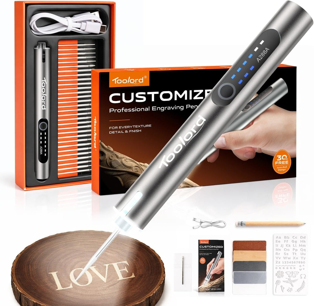 Engraving Pen with LED Light,Hollowcup Motor,Cordless USB Rechargeable Rotary Tool for Metal,Wood,Glass and Plastic,Diy Engraving Kit with 30 Bits,Silver