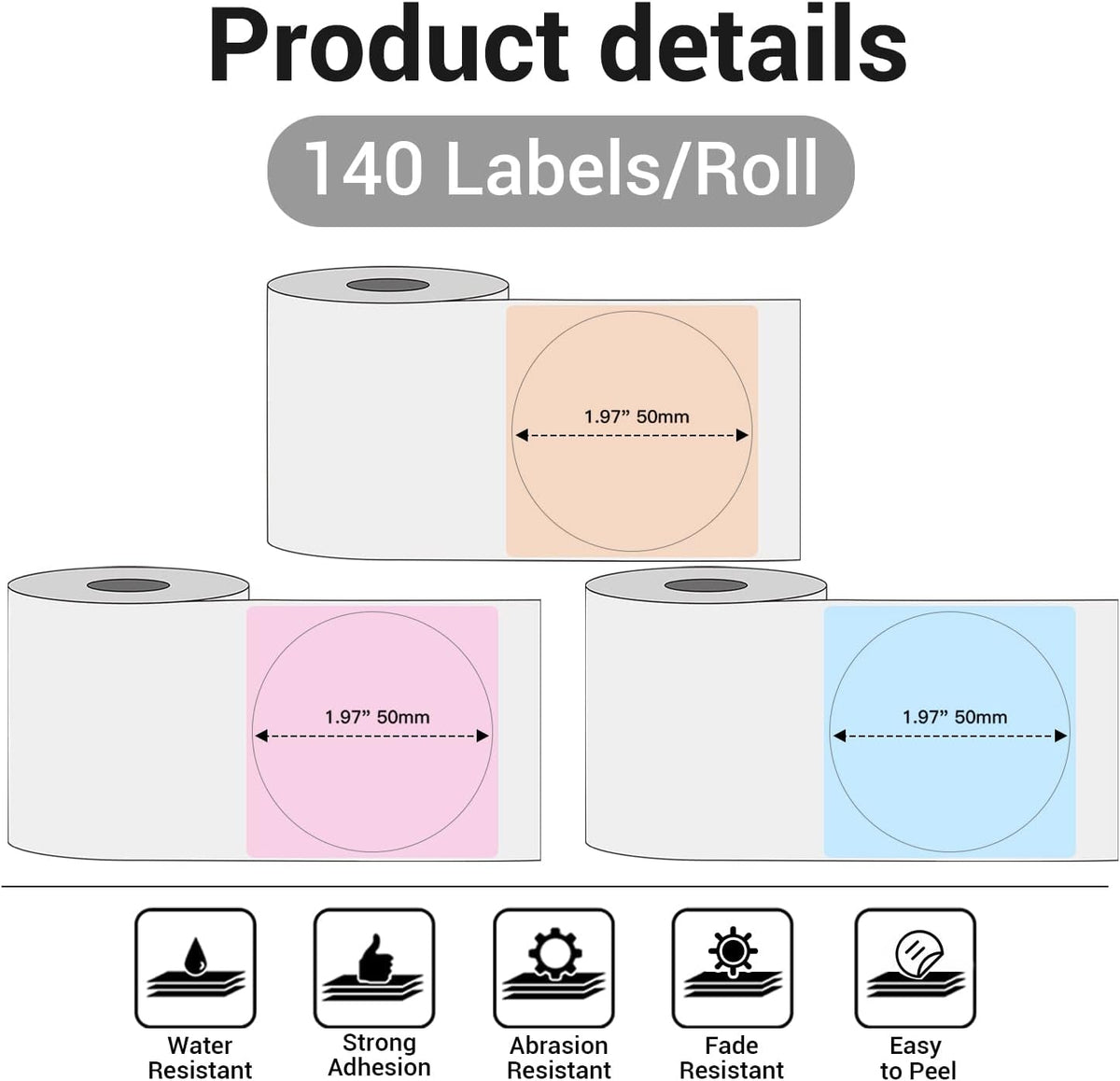 Phomemo M110 round Labels, Self-Adhesive Thermal Label Stickers Compatible with M110 M120 M200 M220 M221 M150 M250 M260 M108 M100 Label Printer, Black Text on Color, 1.96" X1.96 (50X50Mm), 3/Rolls