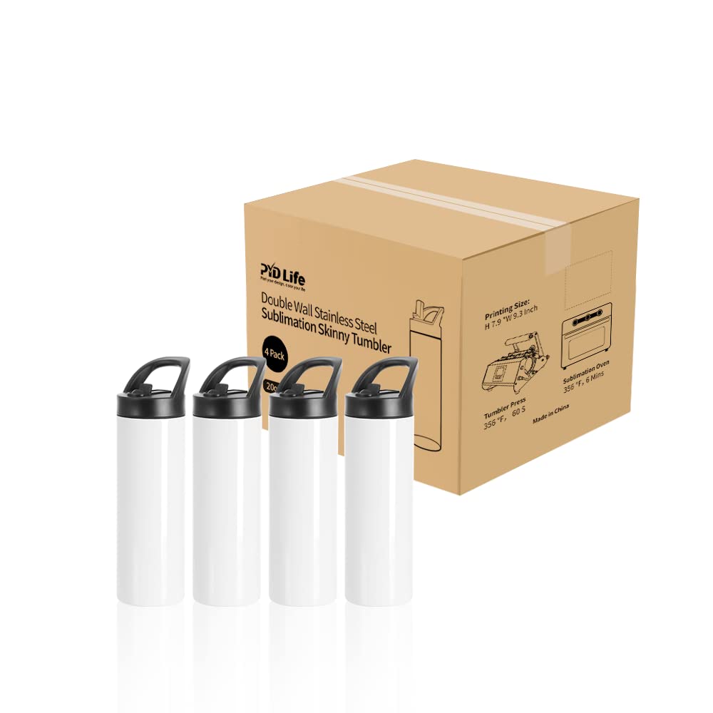 PYD Life 30 Pack Sublimation Tumblers Blanks Bulk White 20 OZ Skinny Straight Sports Water Bottles Mugs with Portable Sippy Up Lid with Straw,for Tumbler Heat Press Print