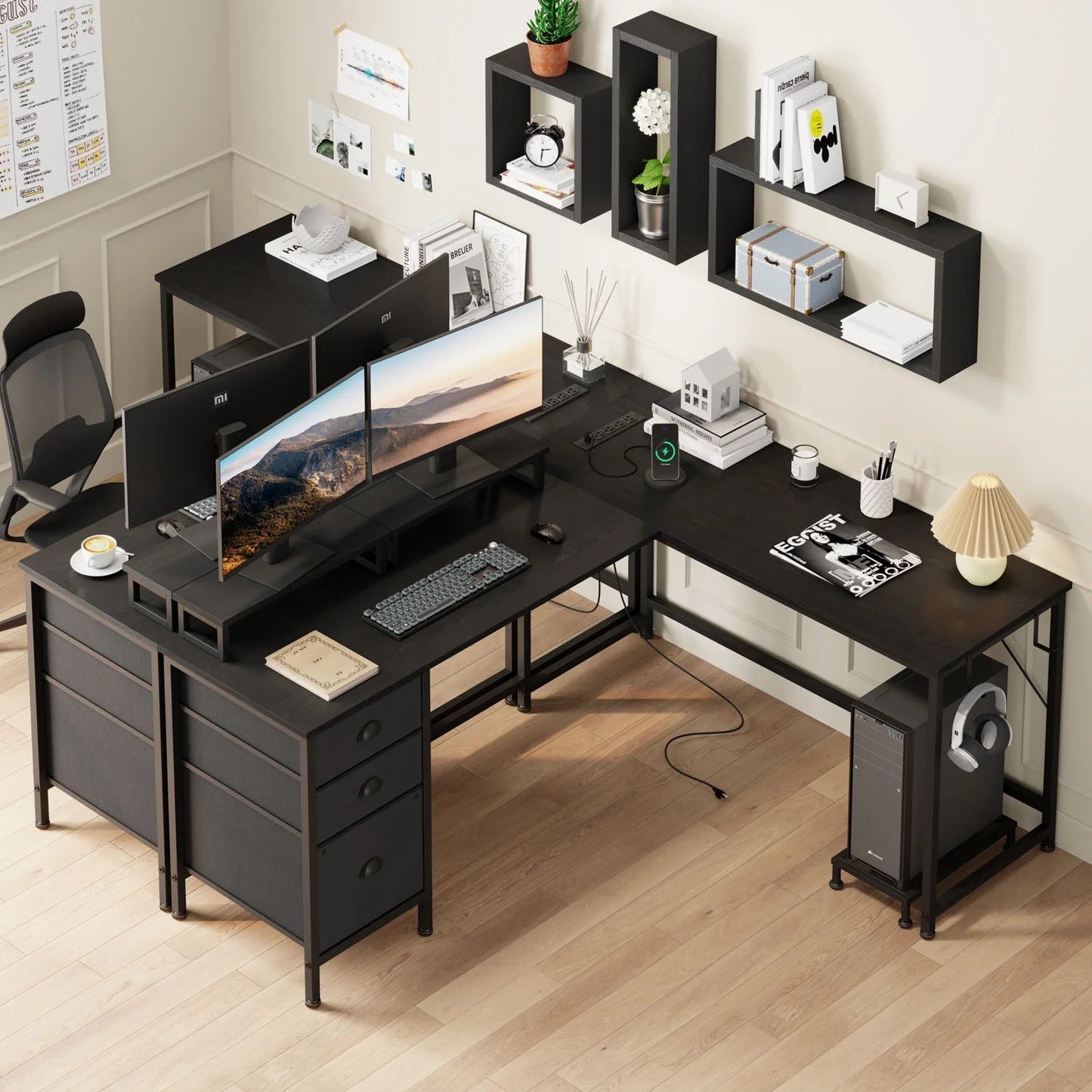 L Shaped Computer Desk, Reversible Gaming Desk with Drawers, Corner Desk with Storage Shelves & Monitor Stand, Home Office Desk Workstation, Black