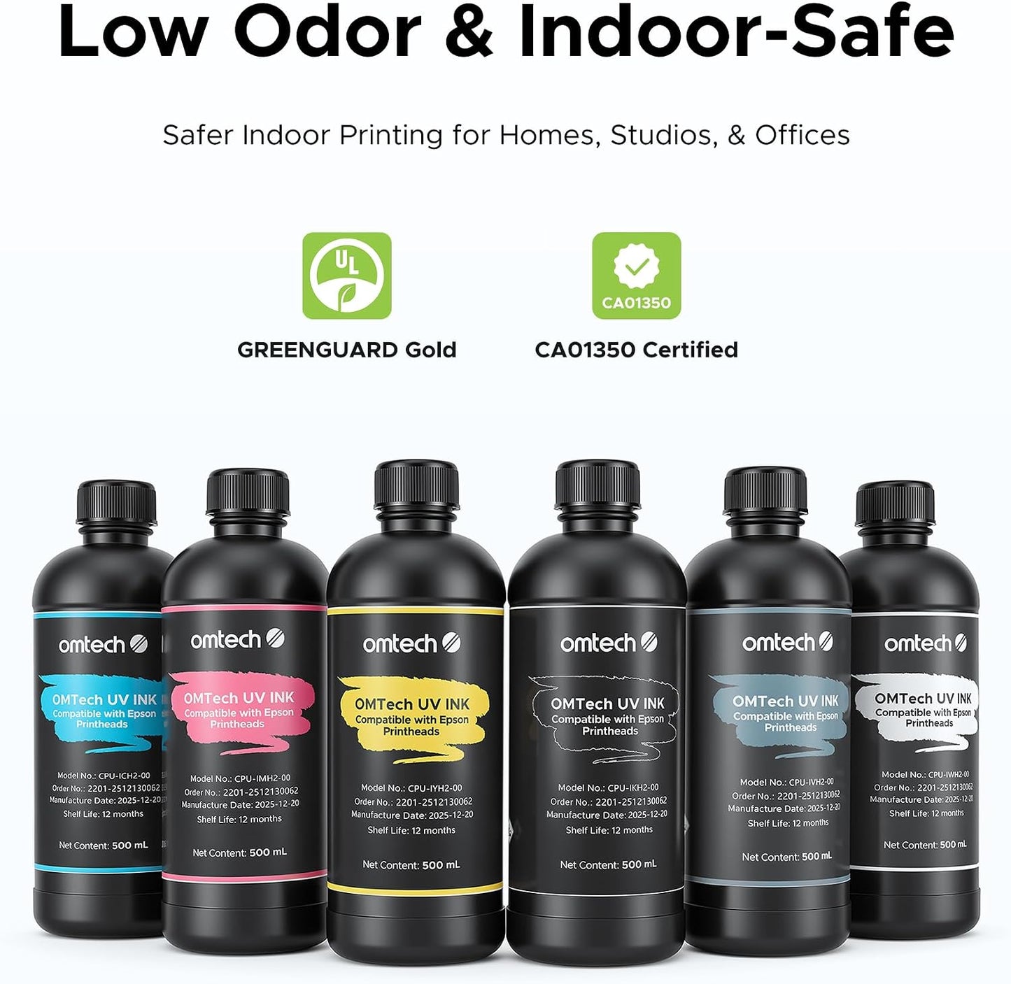 Omtech 500Ml UV Printer Ink Set, 6 Colors CMYK + White + Varnish, Low Odor UV Curable Ink, Compatible with F1080 I1600 XP600 I3200 L1800 L800 R1390 L1300 DX7, for Acrylic Glass Metal