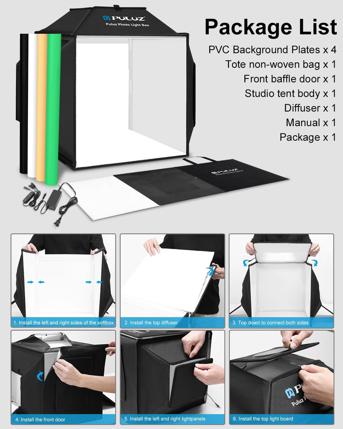Light Box, PULUZ 16"X16" Studio Light Box with 480Pcs Leds Lights 4 Color PVC Photography Backdrops Shooting Tent for Jewelry and Product Portable Lightbox Picture Box for Photography (Upgrade)