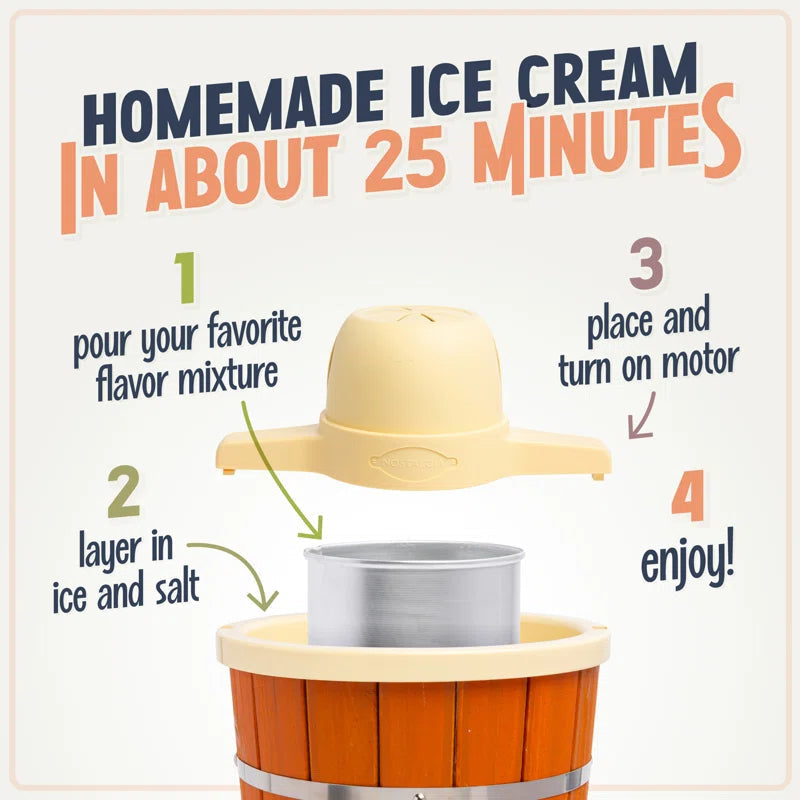 Nostalgia Electric Bucket Ice Cream Maker with Easy-Carry Handle, Makes 6-Quarts in Minutes, Frozen Yogurt, Gelato, Made from Real Wood