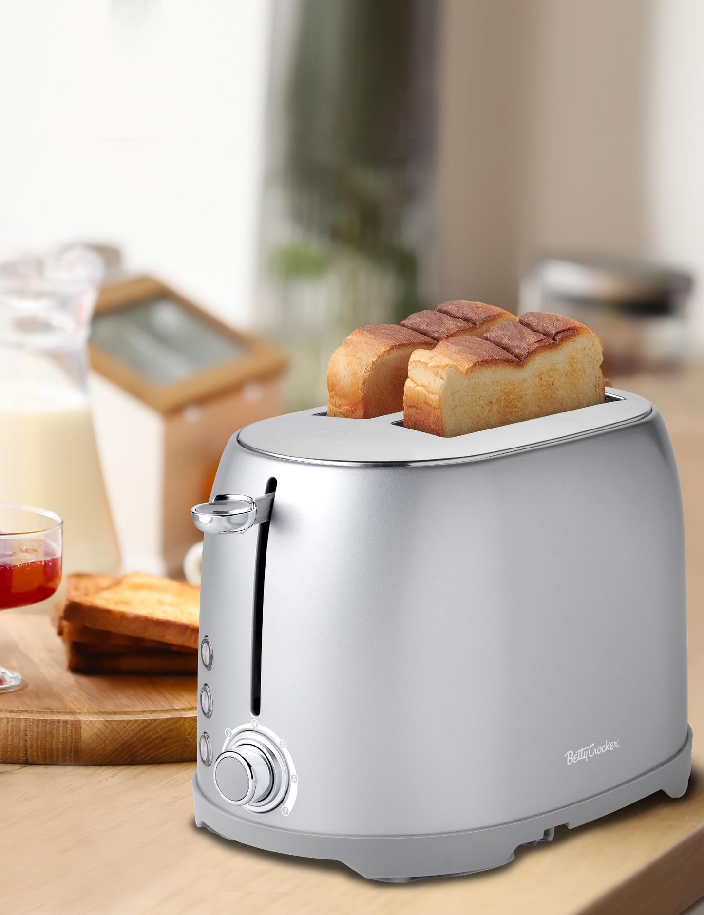 Betty Crocker 2-Slice Multi-Function Toaster, Toaster 2 Slice with Extra Wide Slots for Thick Bread, Bagel & Waffle, Toast Shade Control Dial, Slide Out Crumb Tray, White
