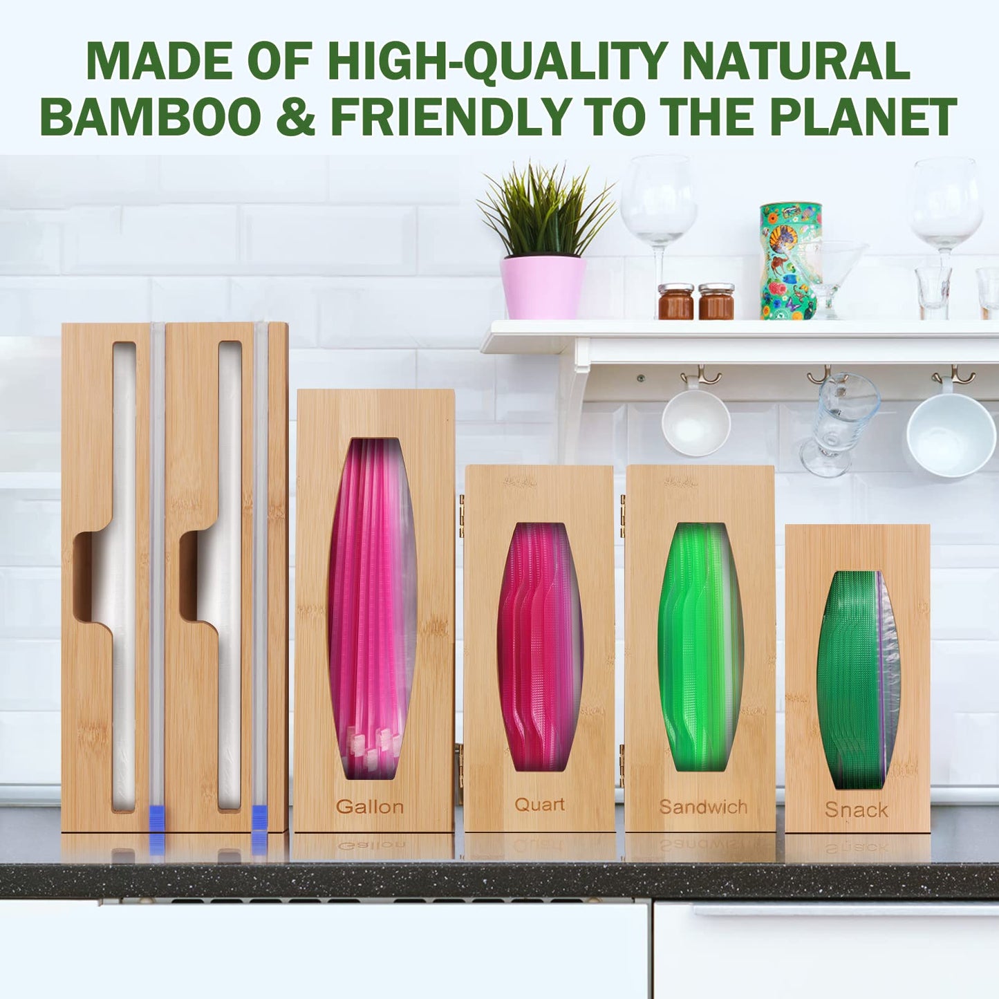 Gamtik Individual Storage Bag Organizer for Kitchen Drawer, Bamboo with Foil and Plastic Wrap Organizer for Kitchen Organizers and Storage, for Gallon, Quart, Sandwich, Snack