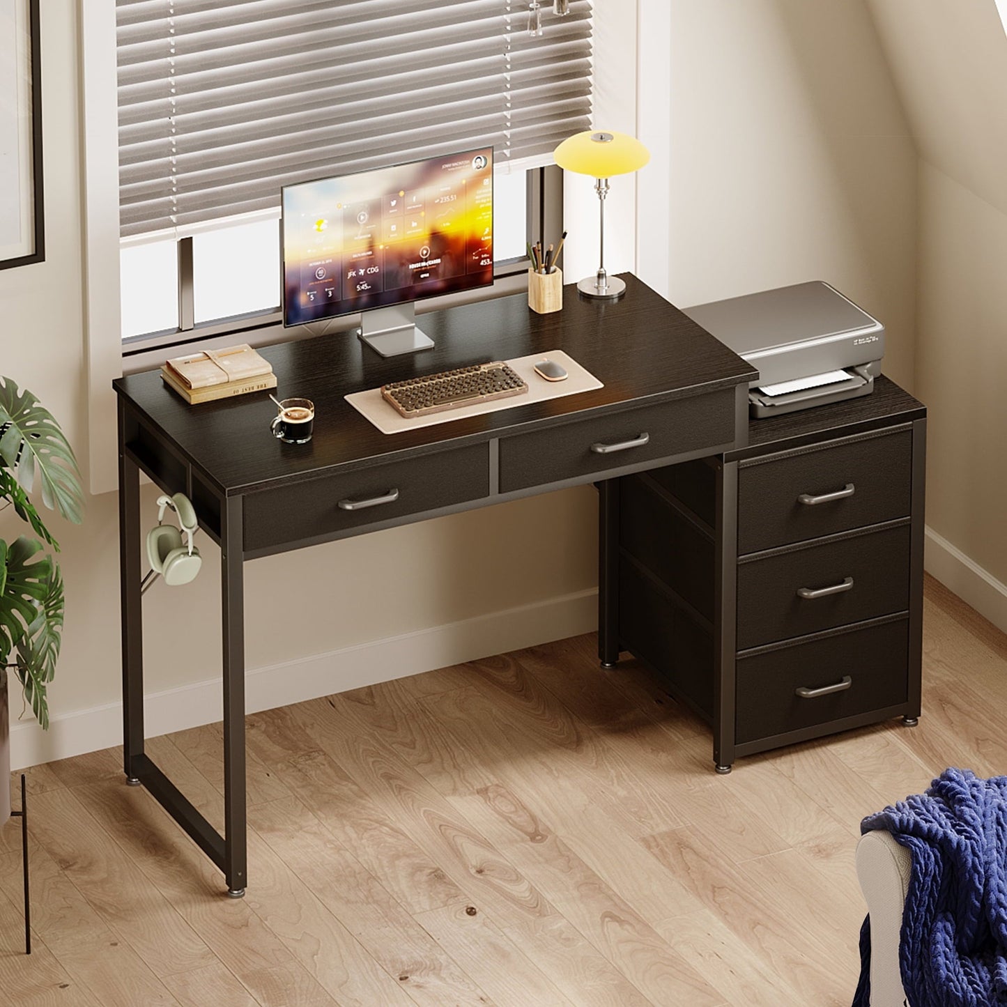 Computer Desk with 5 Drawers, Reversible Home Office Desks with Printer Stand, Study Writing Table Workstation for Small Spaces, Black