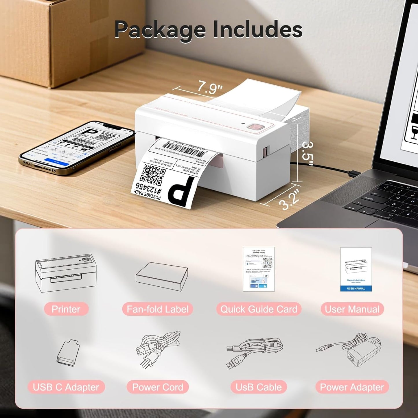 Bluetooth Thermal Label Printer, Wireless 4X6 Shipping Label Printer for Small Business & Shipping Packages, Support Iphone, Android, Windows, Macos, Work for Amazon, Ebay, Shopify, Etsy, USPS
