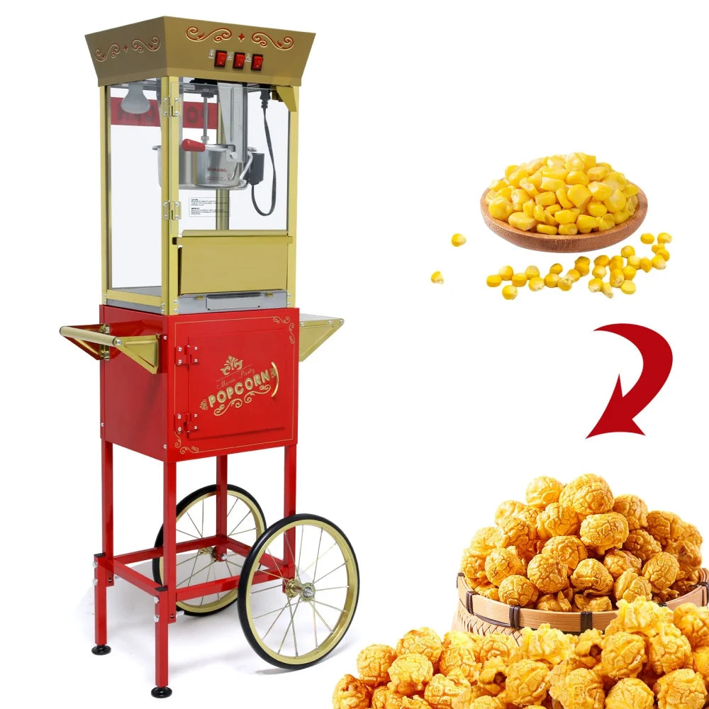 12OZ Popcorn Machine with Cart, Movie Theater Popcorn Maker Machine with Stainless Steel Kettle, Tempered Glass, 8" Shelf, Popcorn Machine for Kids Party Home, Red